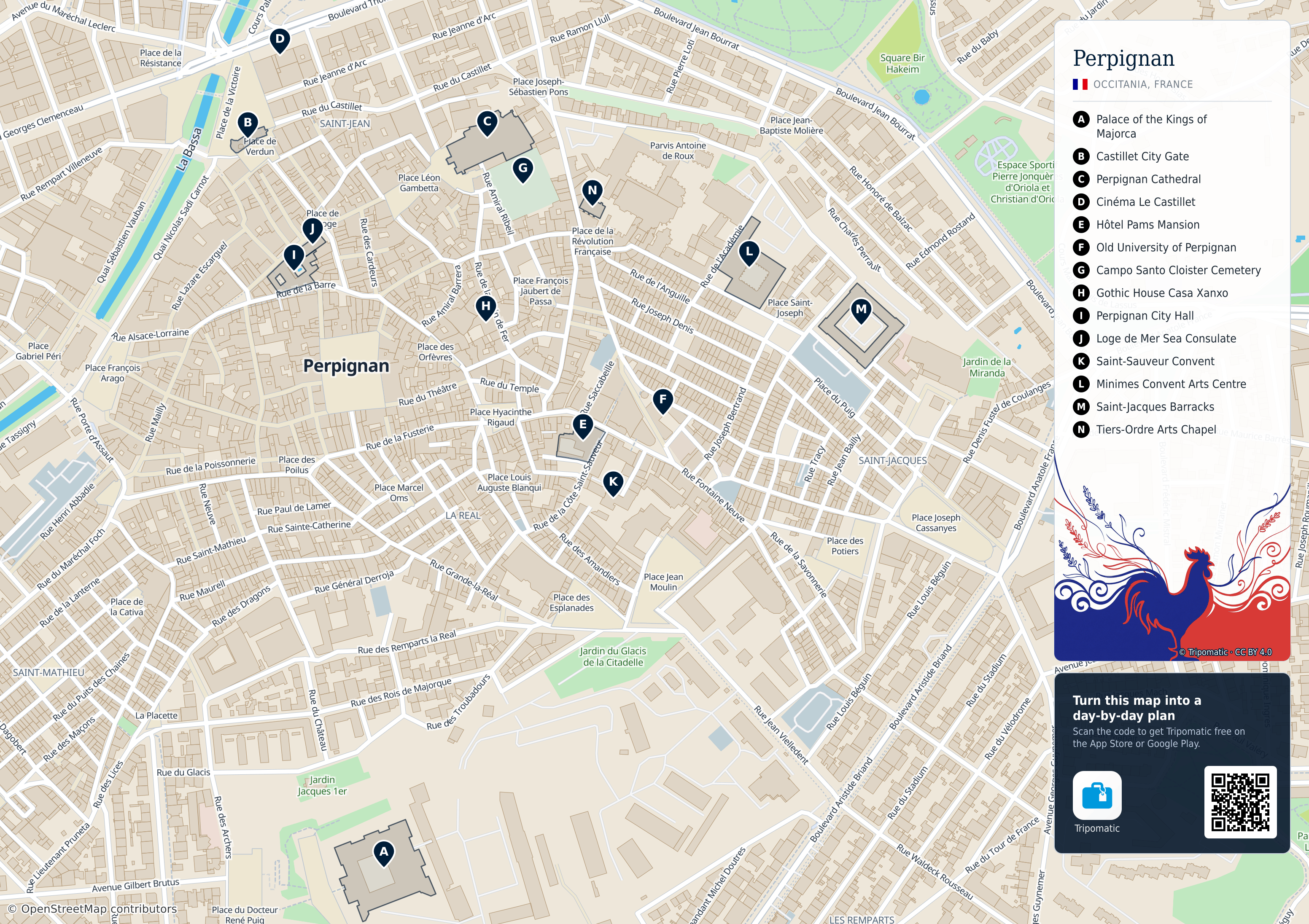 Perpignan – printable tourist map with numbered top attractions