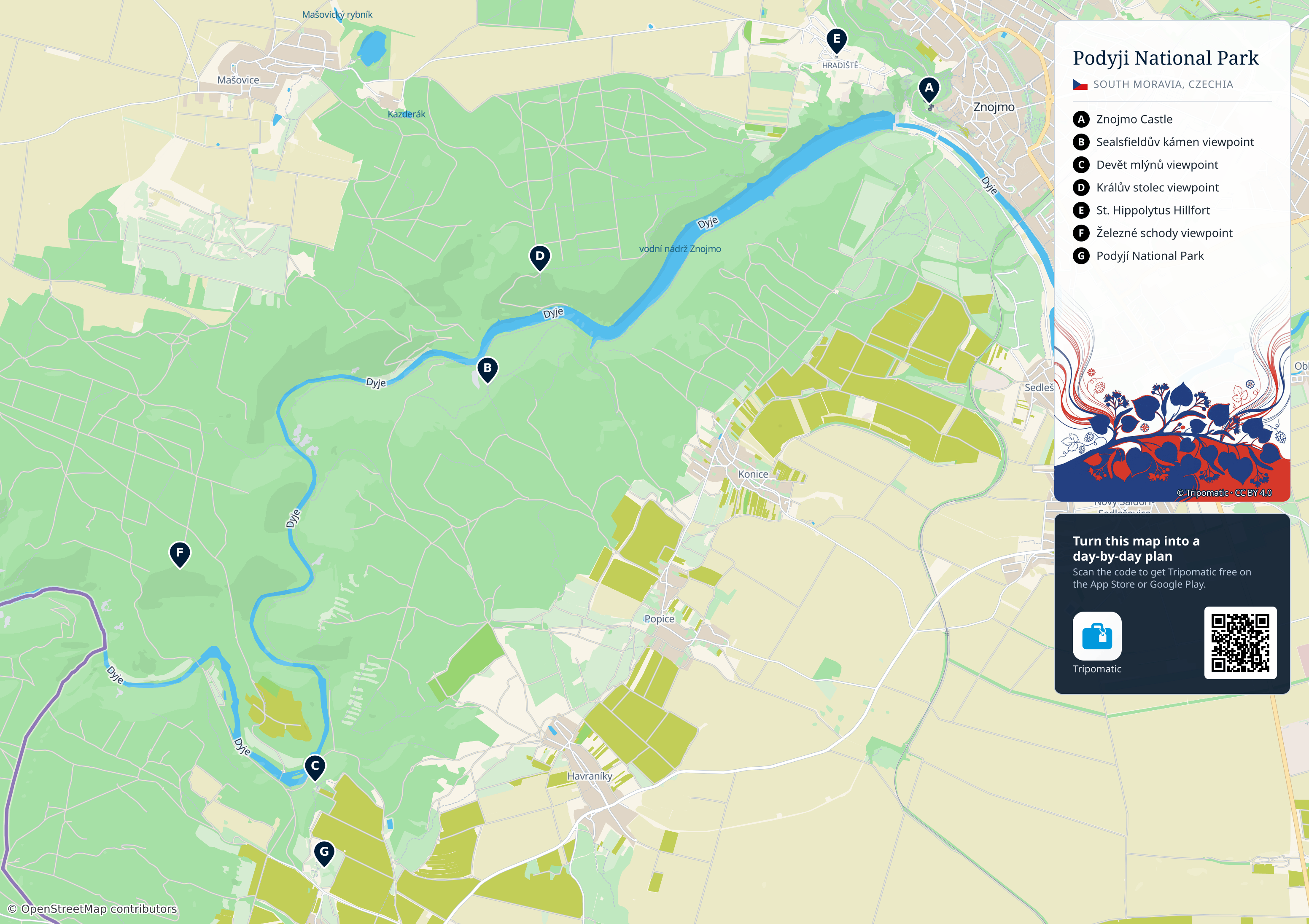 Podyji National Park – printable tourist map with numbered top attractions