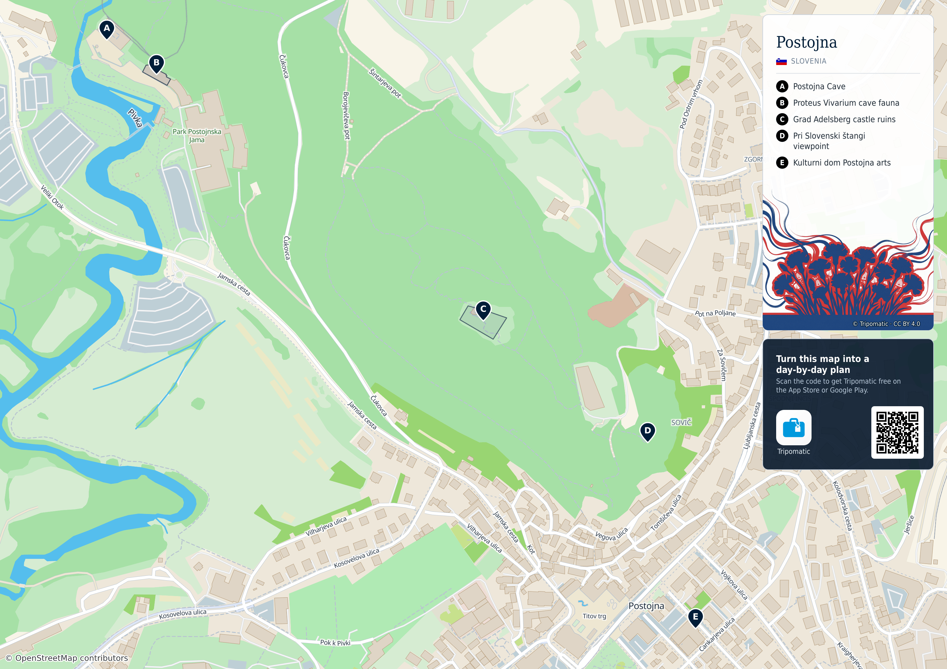 Postojna – printable tourist map with numbered top attractions