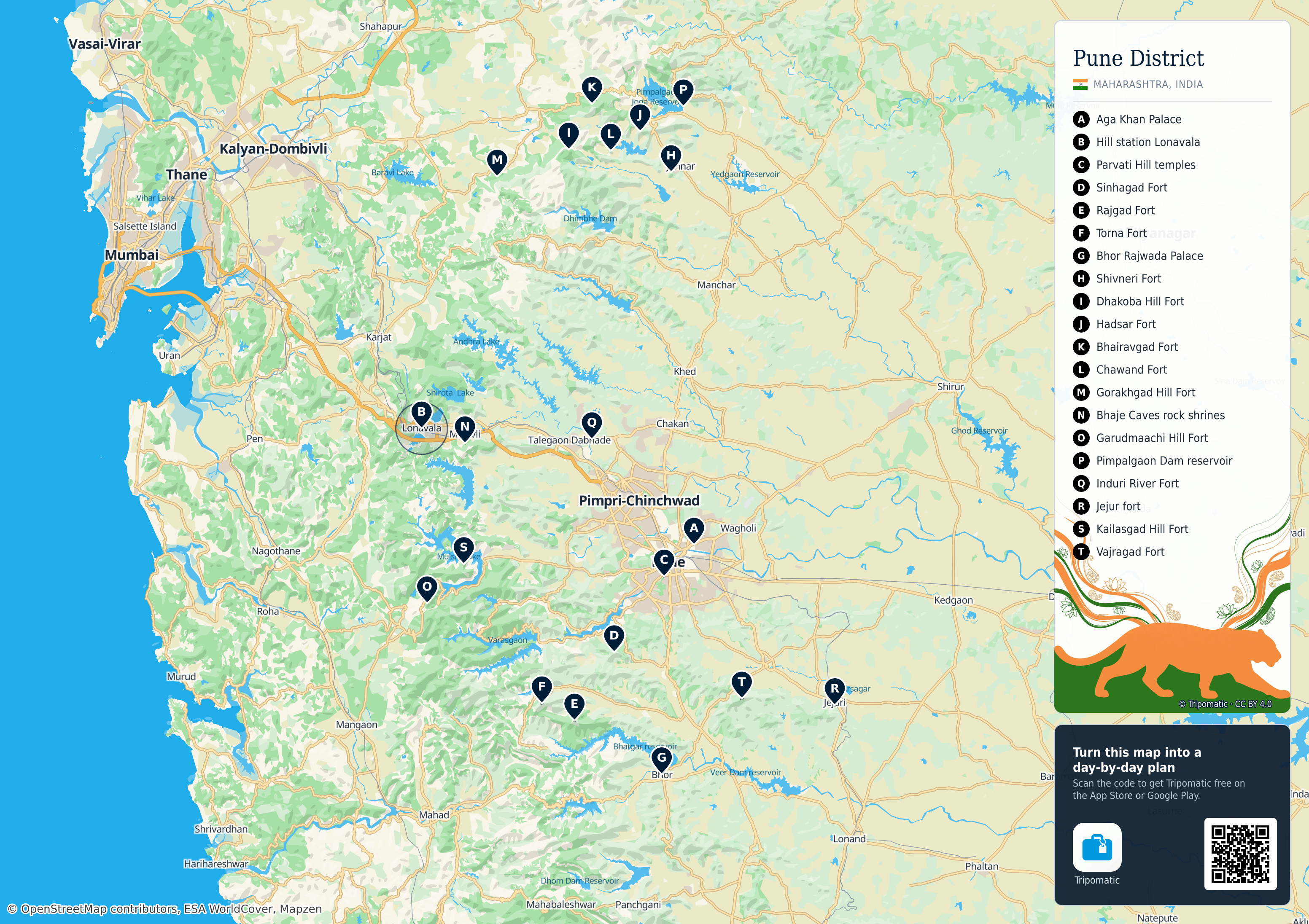 Pune district – printable tourist map with numbered top attractions