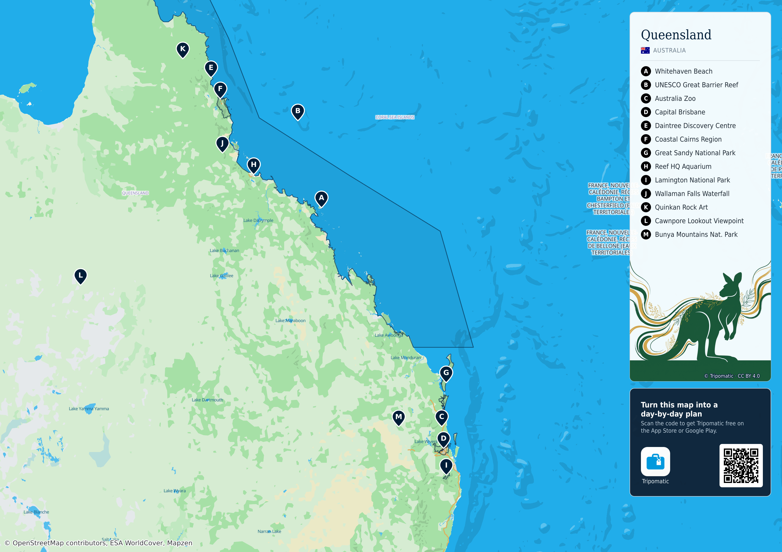 Queensland – printable tourist map with numbered top attractions