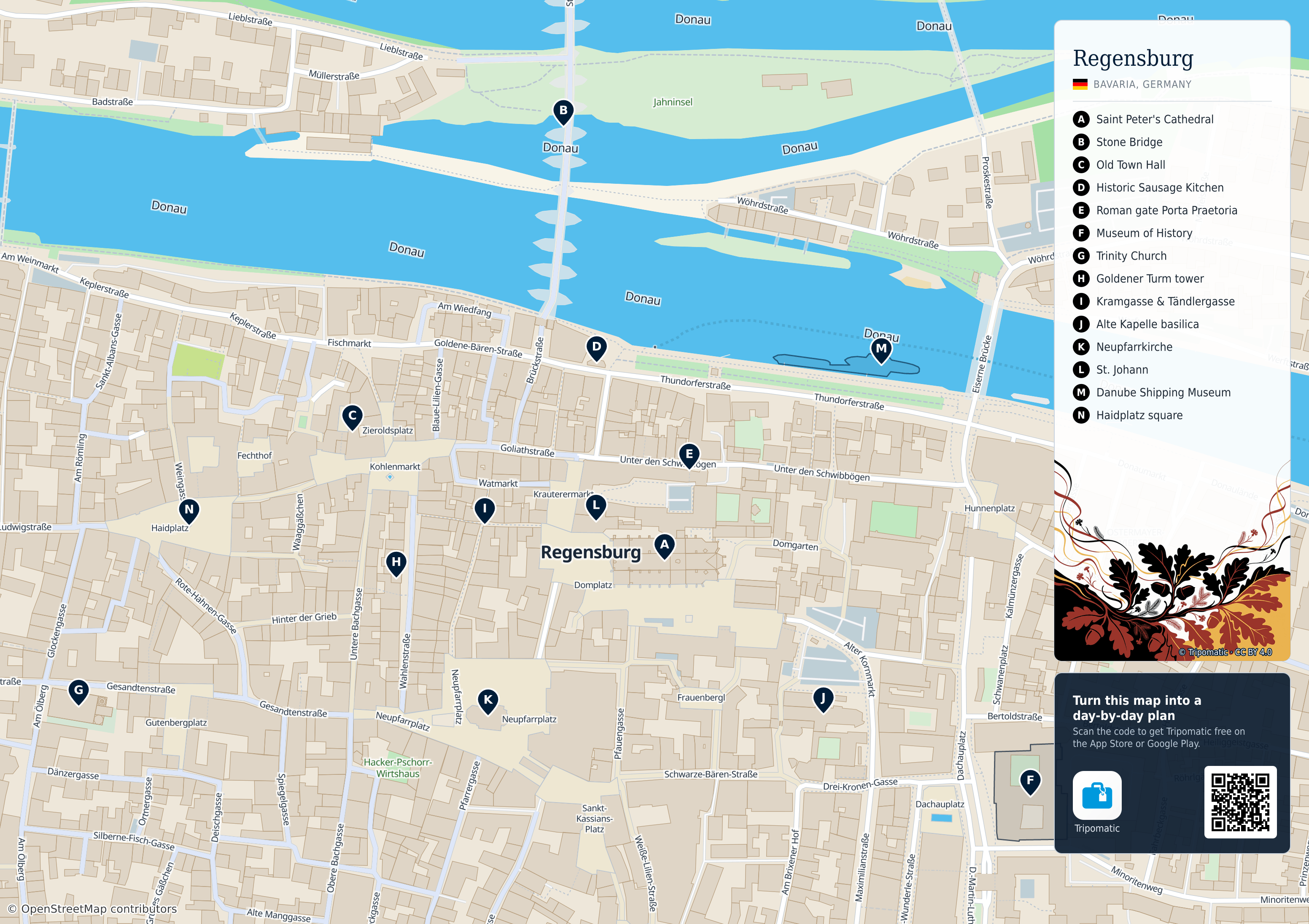 Regensburg – printable tourist map with numbered top attractions