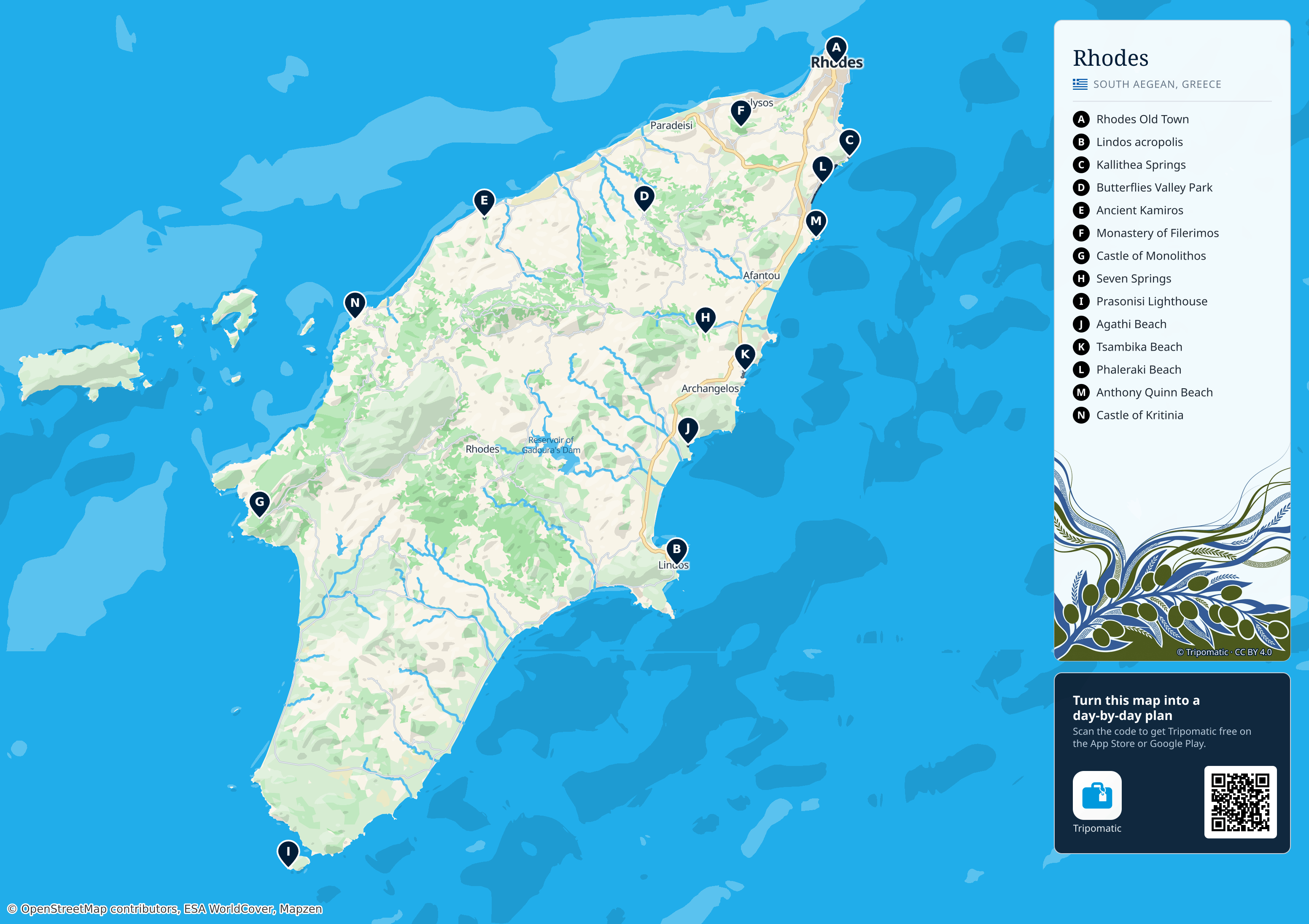 Rhodes – printable tourist map with numbered top attractions
