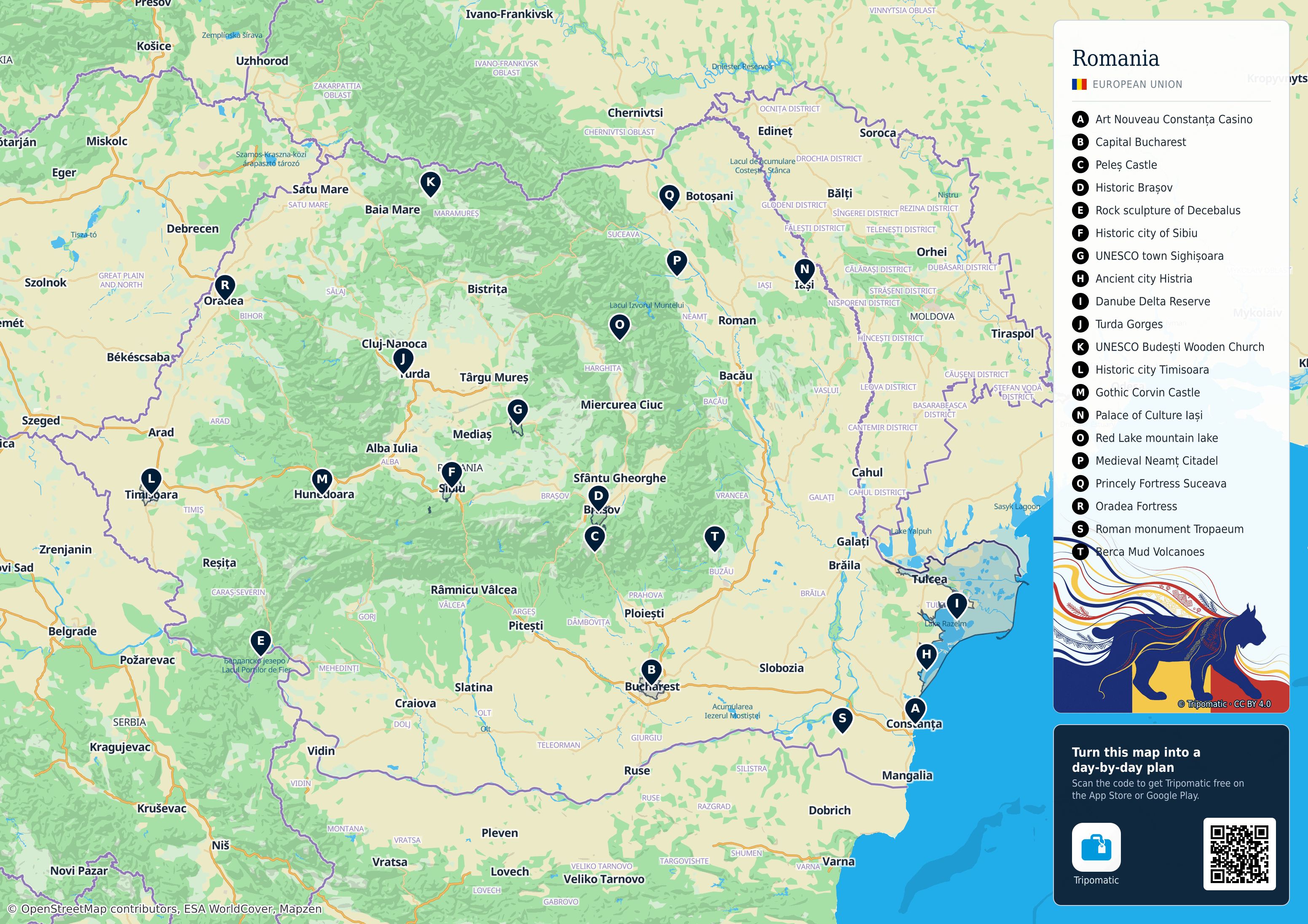 Romania – printable tourist map with numbered top attractions