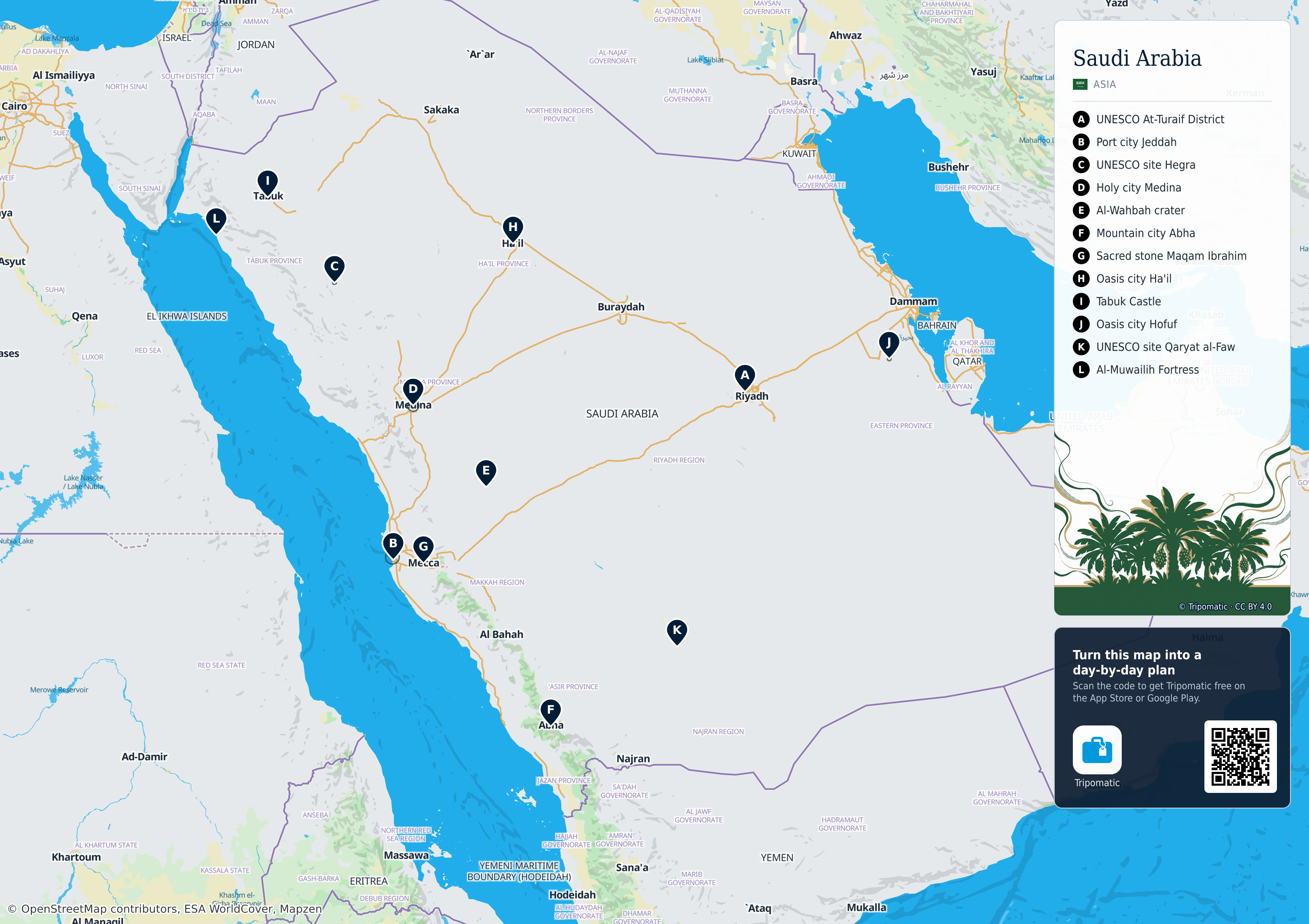 Saudi Arabia – printable tourist map with numbered top attractions