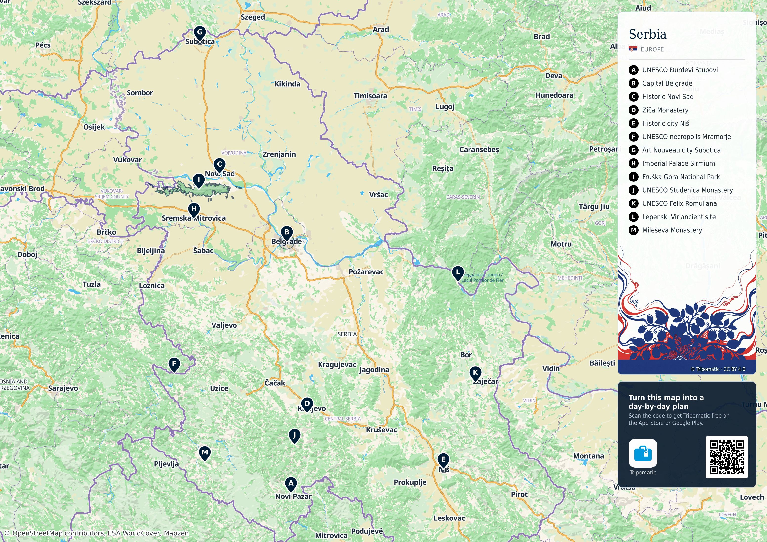 Serbia – printable tourist map with numbered top attractions