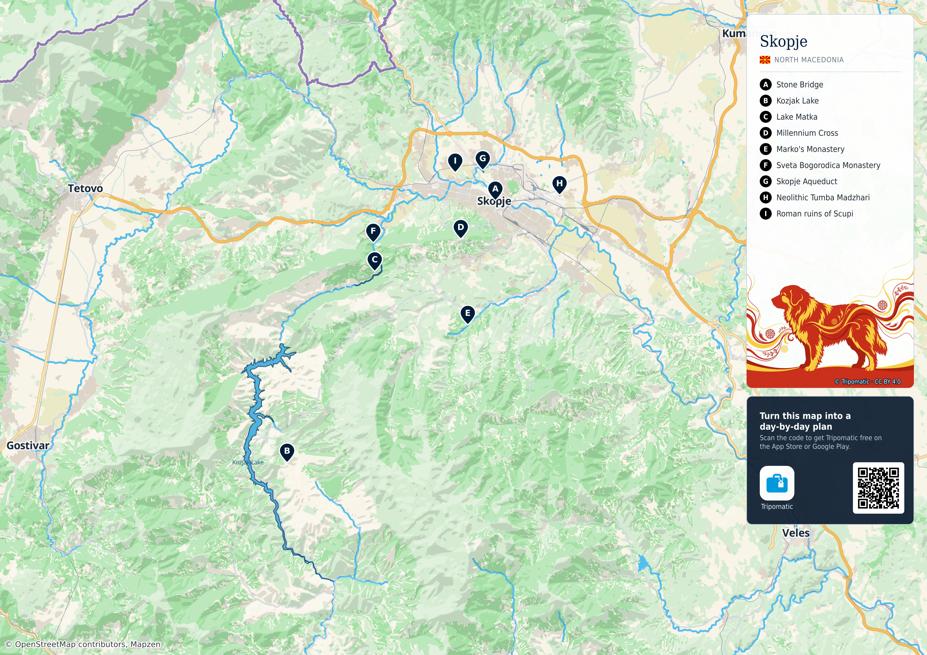 Skopje – printable tourist map with numbered top attractions