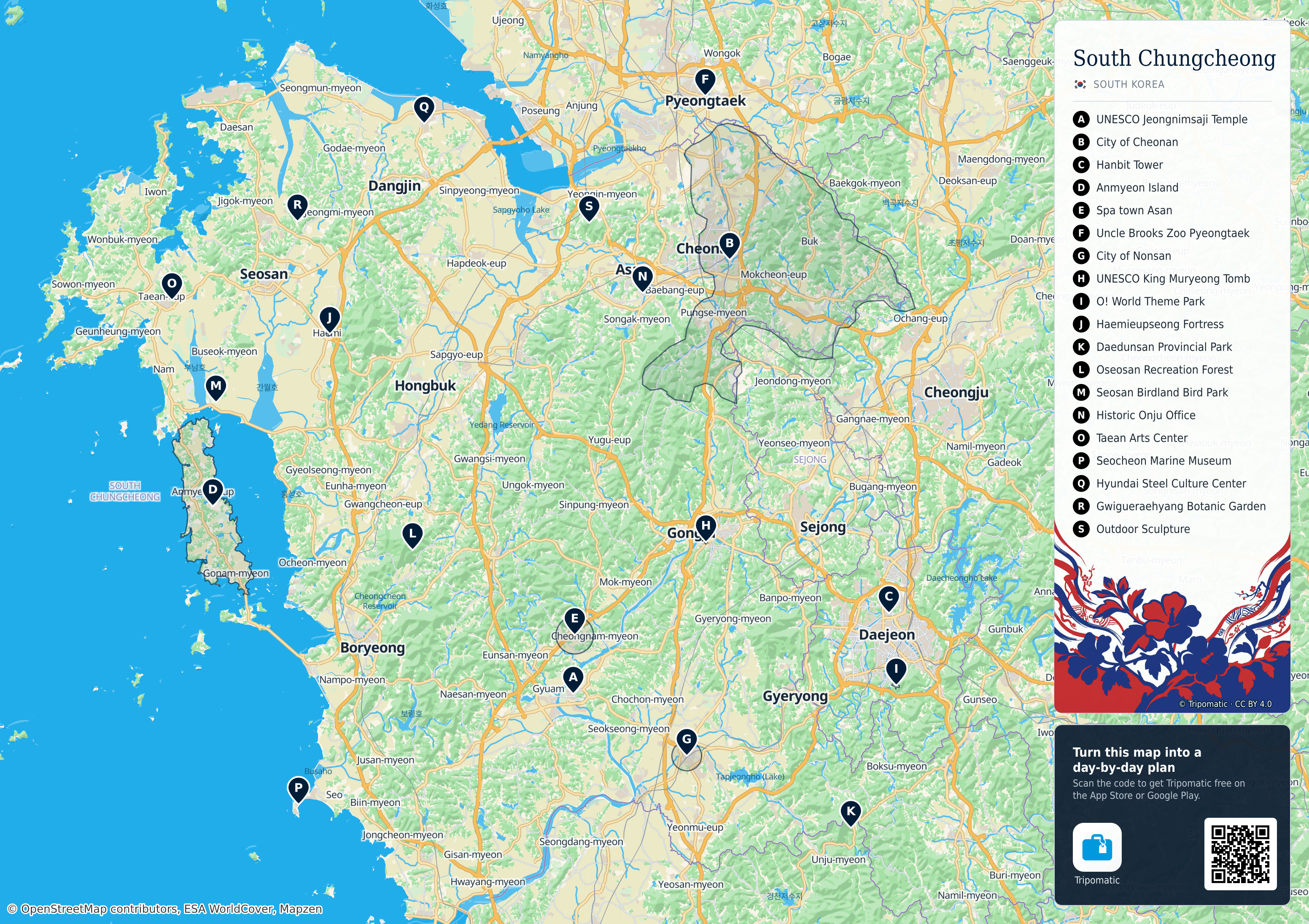 South Chungcheong Province – printable tourist map with numbered top attractions