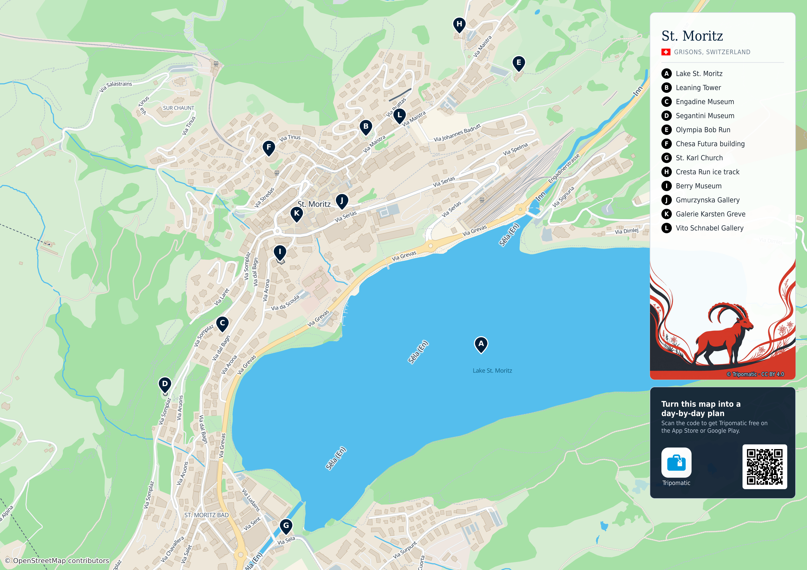 St. Moritz – printable tourist map with numbered top attractions