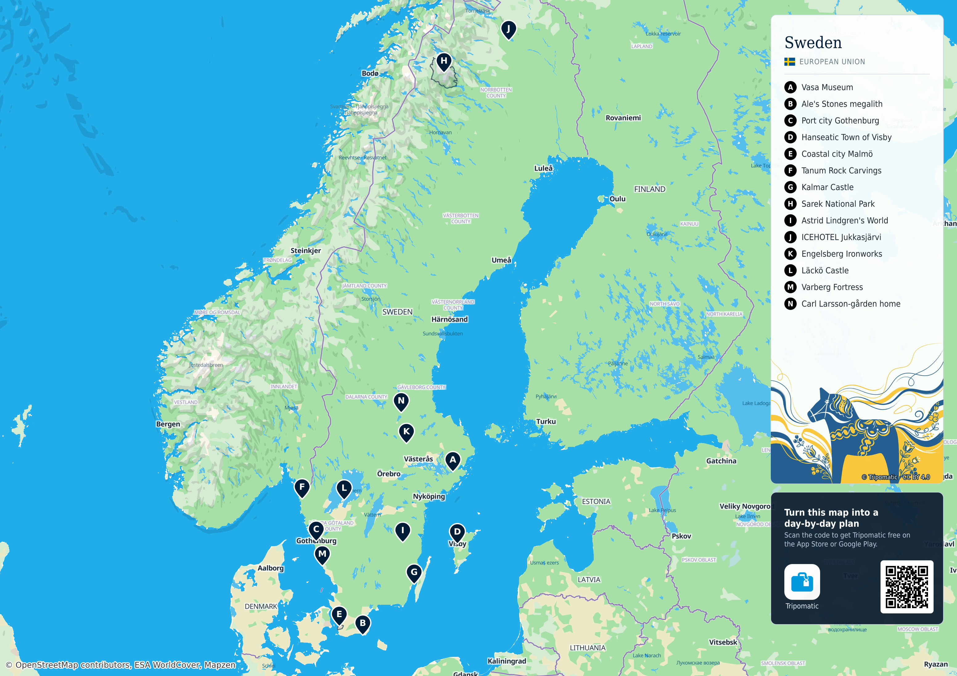 Sweden – printable tourist map with numbered top attractions