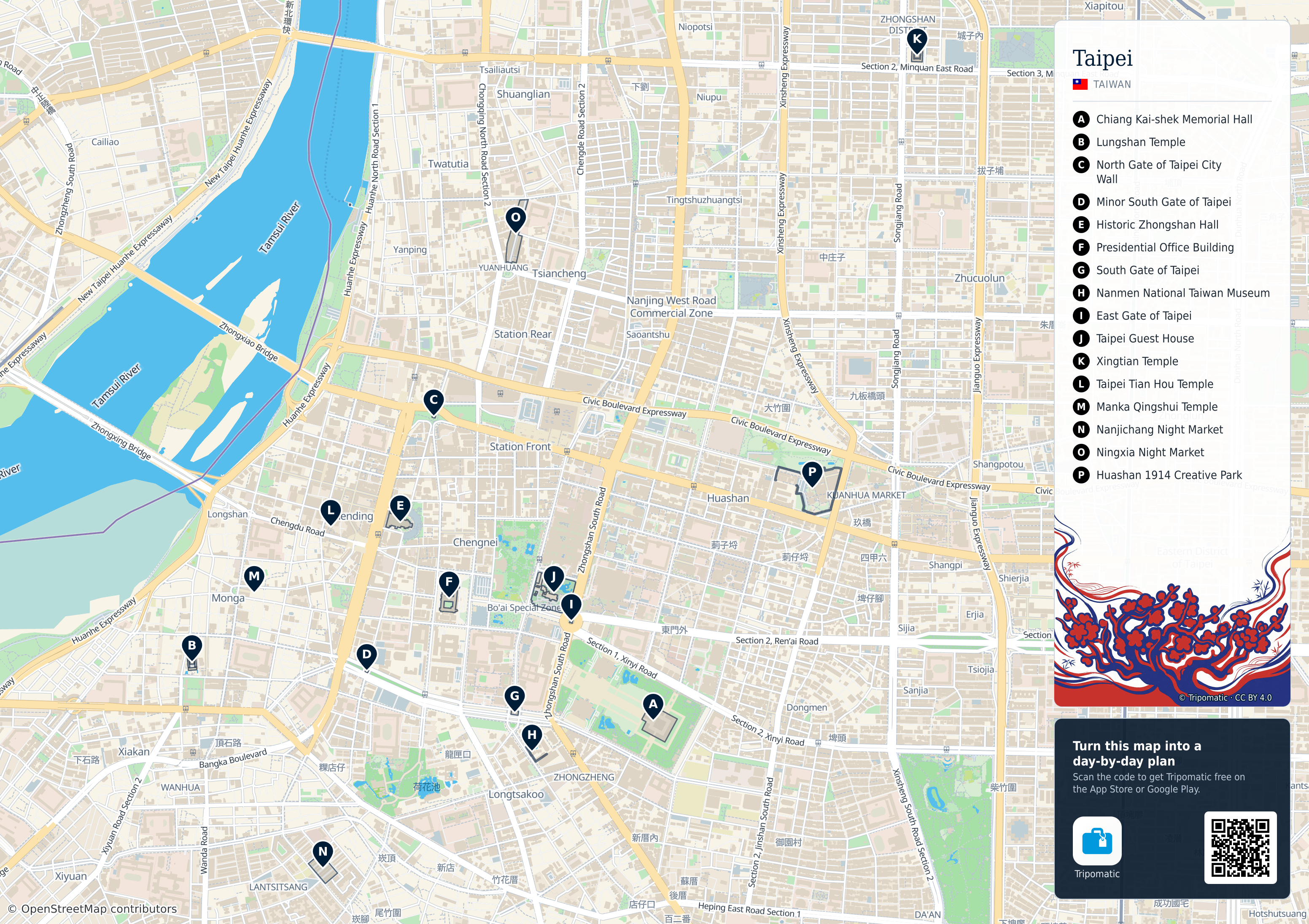 Taipei – printable tourist map with numbered top attractions