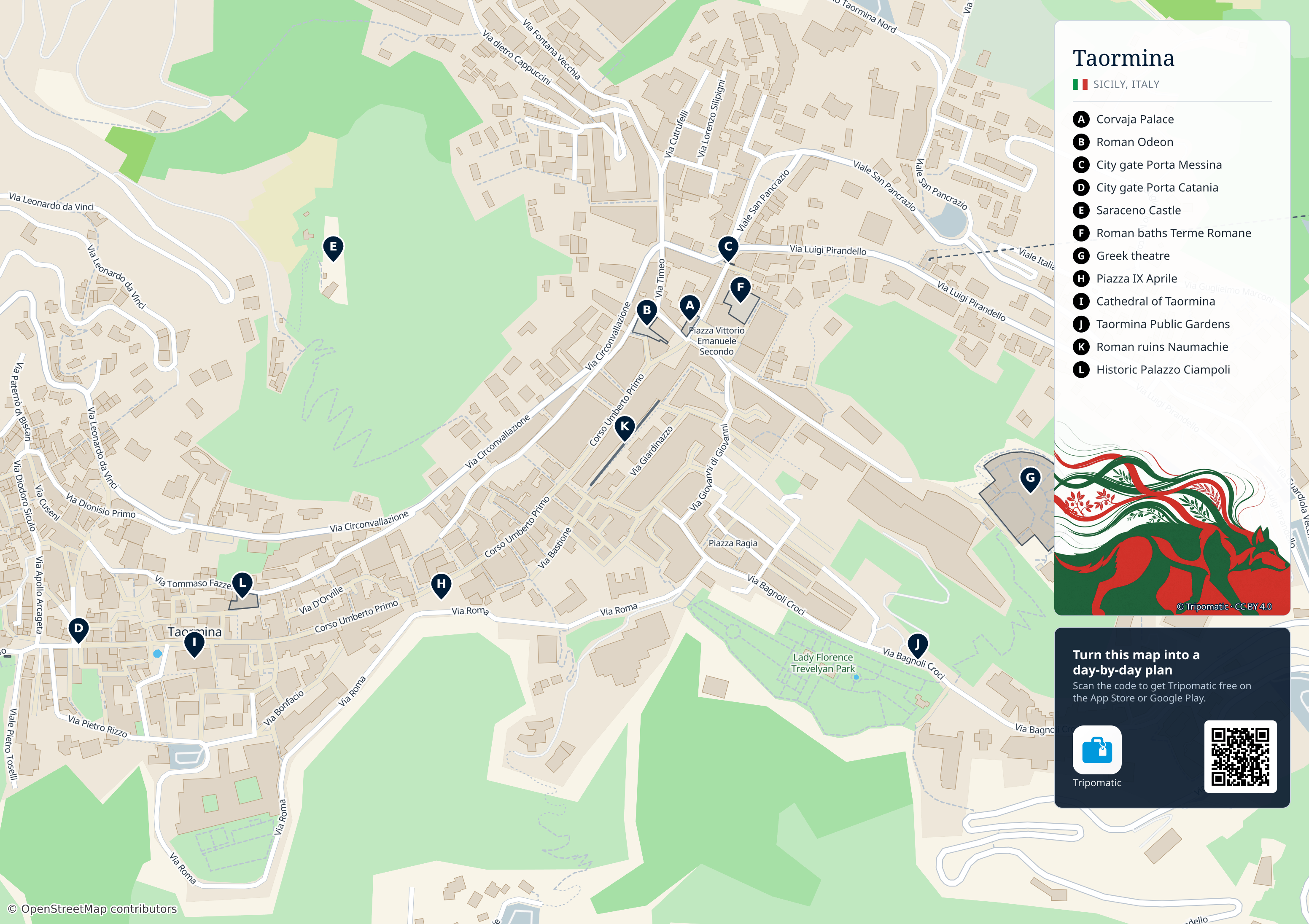 Taormina – printable tourist map with numbered top attractions