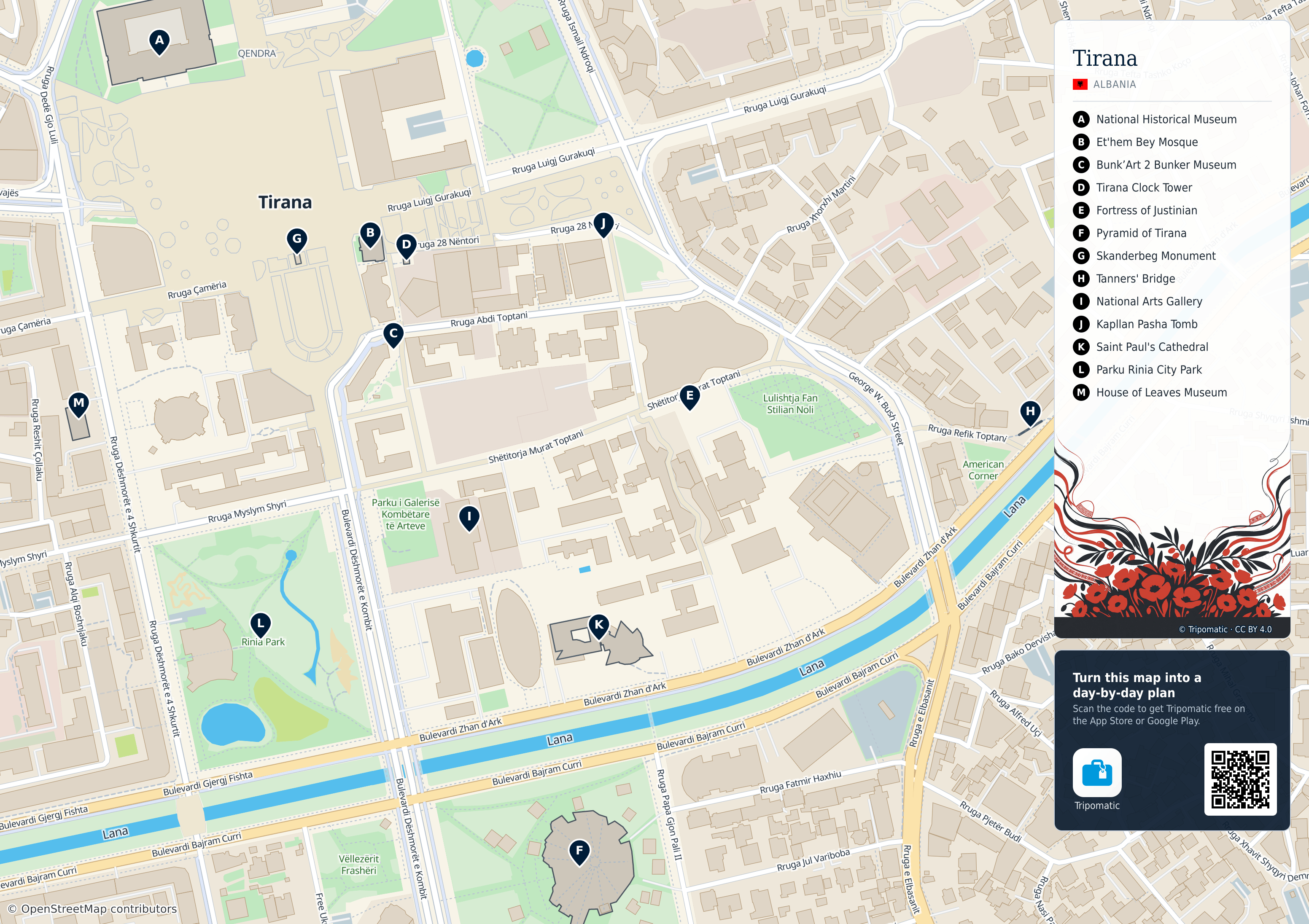 Tirana – printable tourist map with numbered top attractions