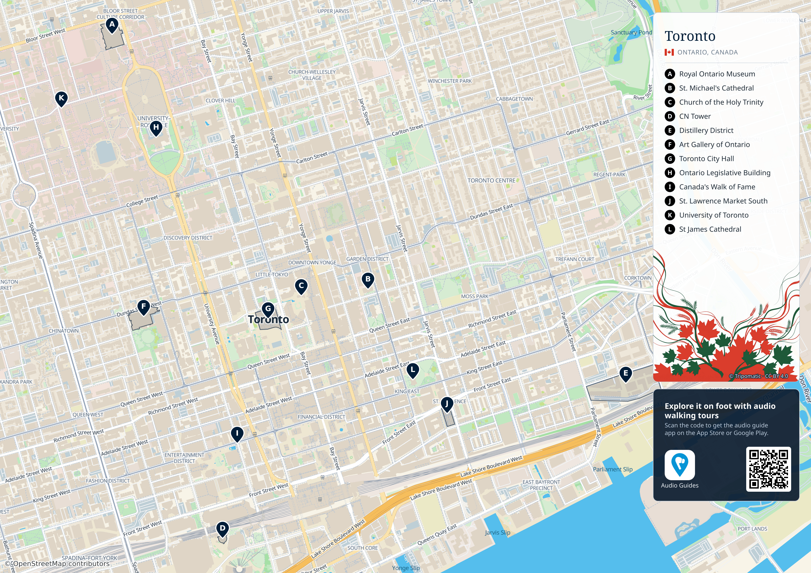 Toronto – printable tourist map with numbered top attractions