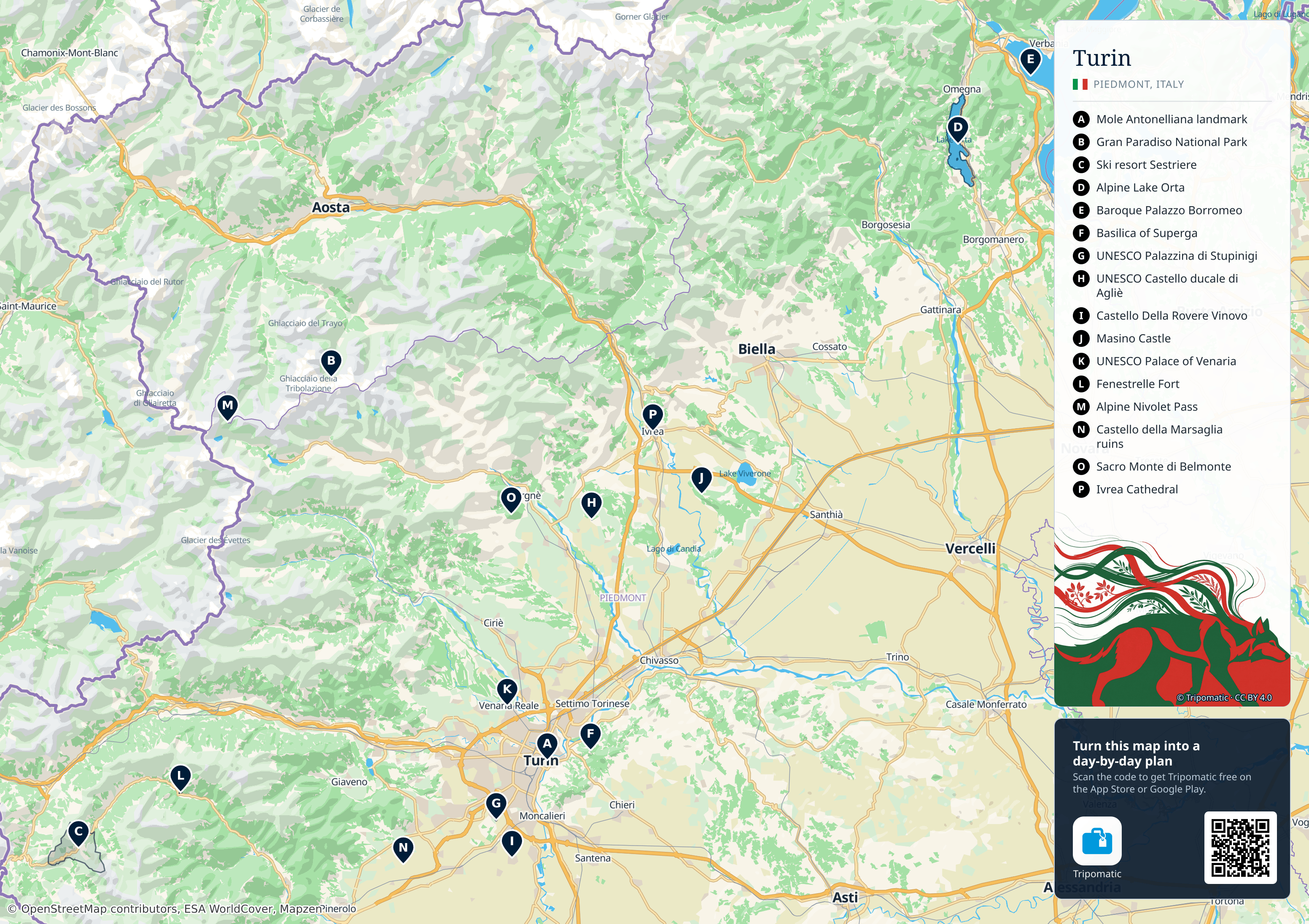 Metropolitan City of Turin – printable tourist map with numbered top attractions