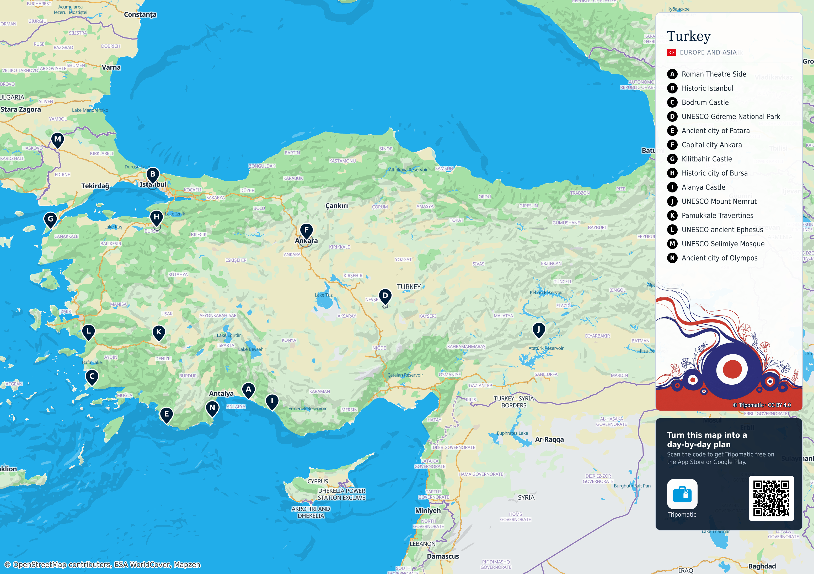 Turkey – printable tourist map with numbered top attractions