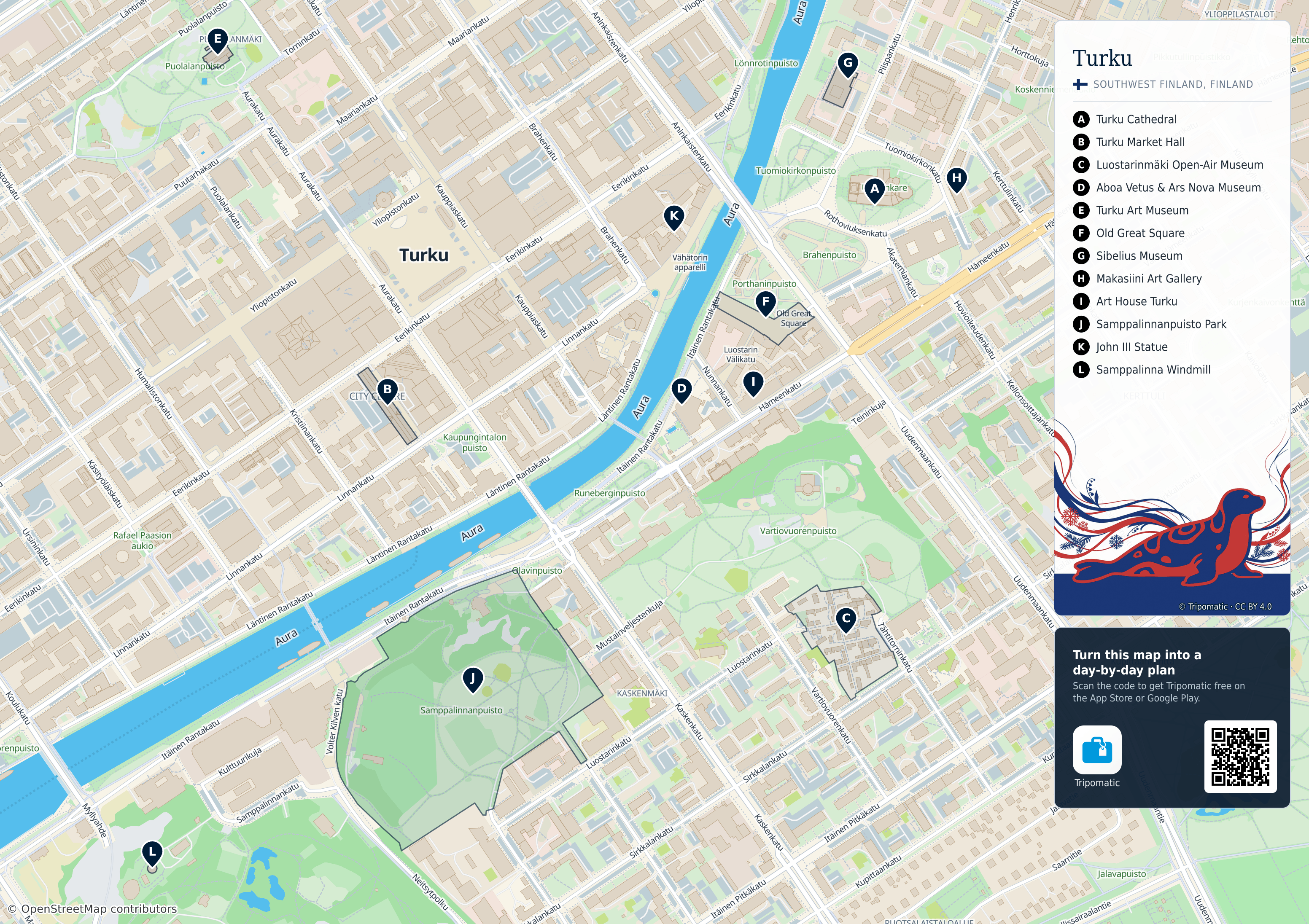 Turku – printable tourist map with numbered top attractions