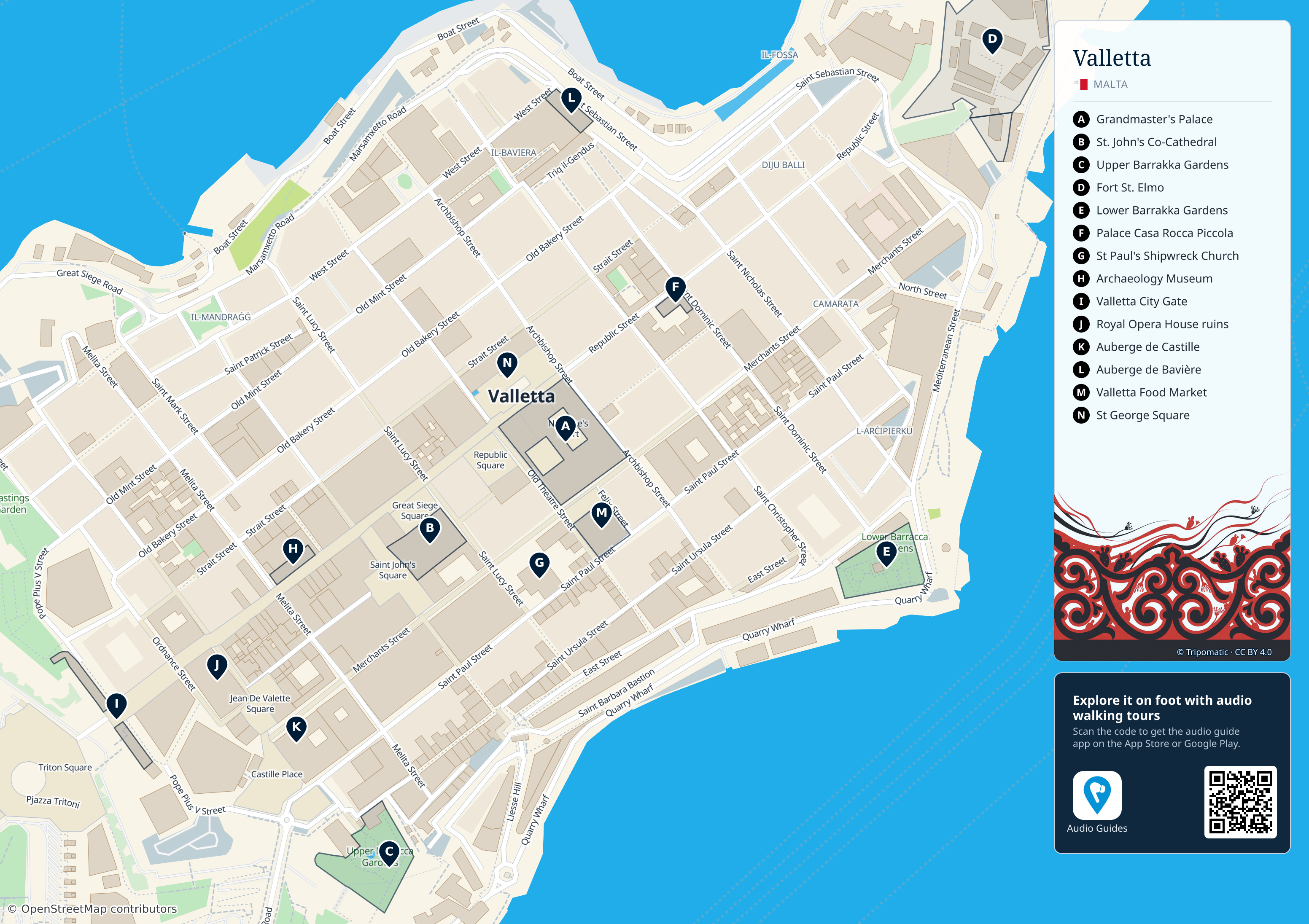 Valletta – printable tourist map with numbered top attractions