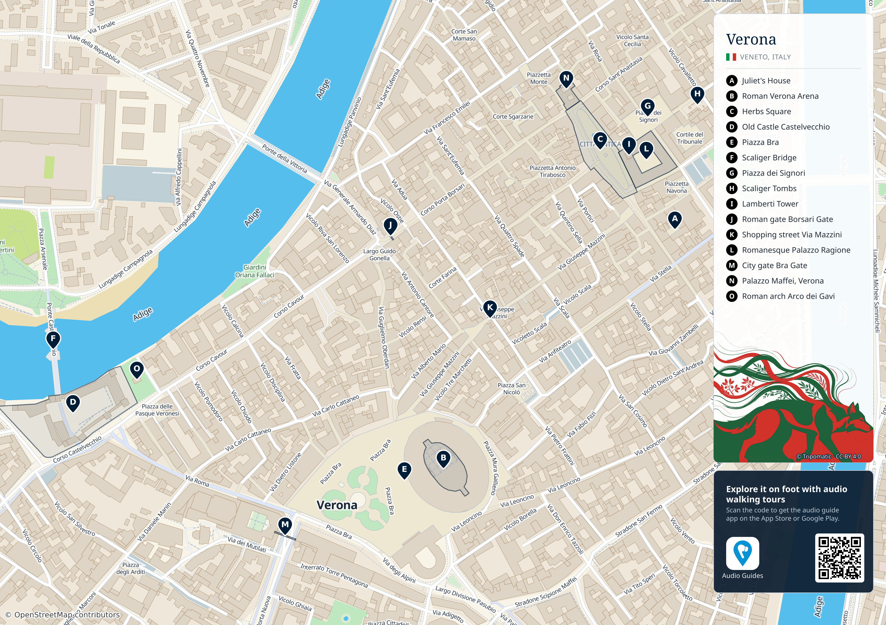 Verona – printable tourist map with numbered top attractions