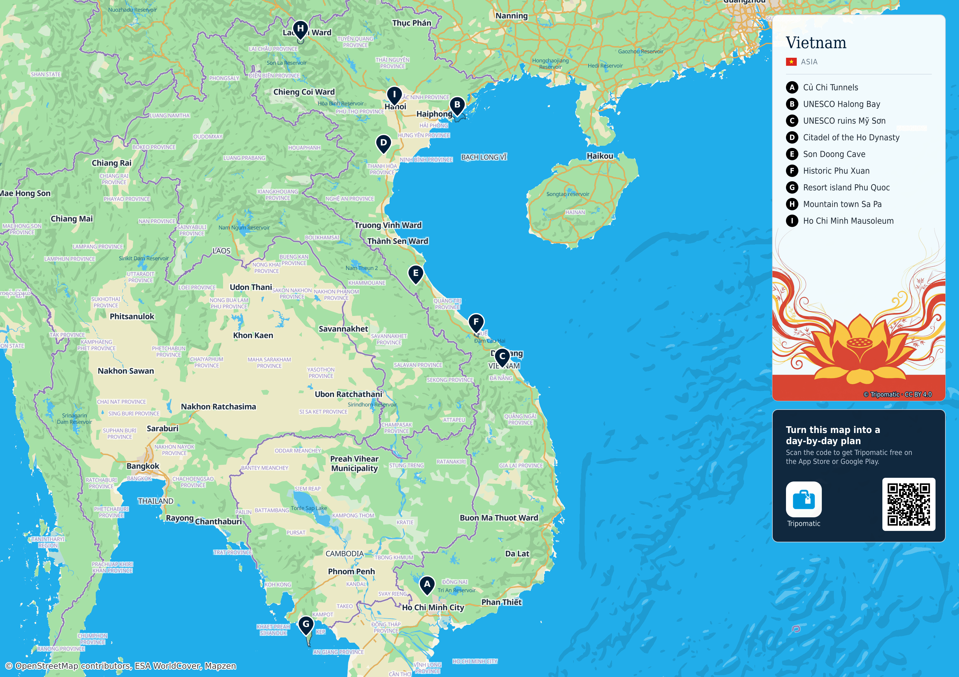 Vietnam – printable tourist map with numbered top attractions