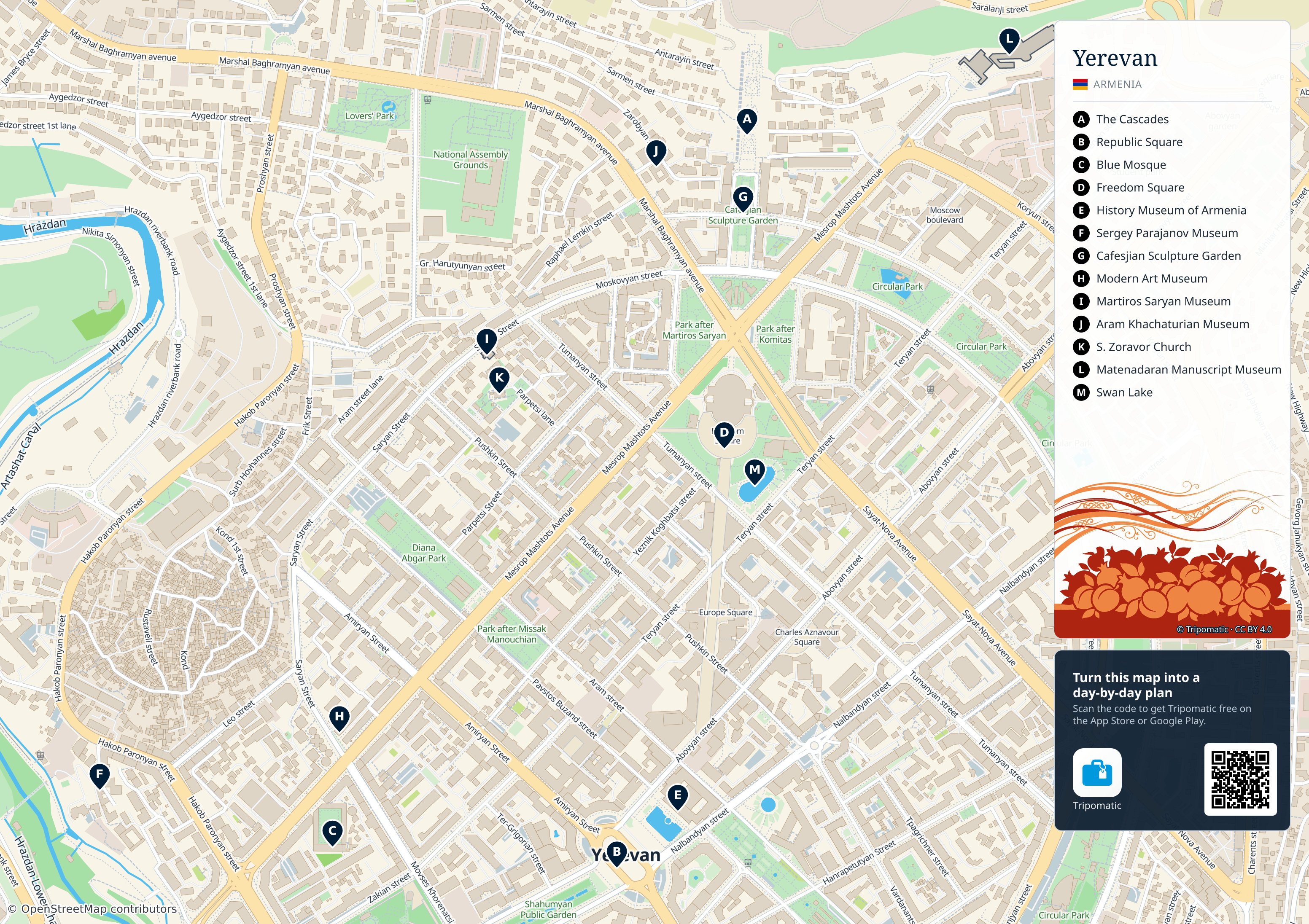 Yerevan – printable tourist map with numbered top attractions
