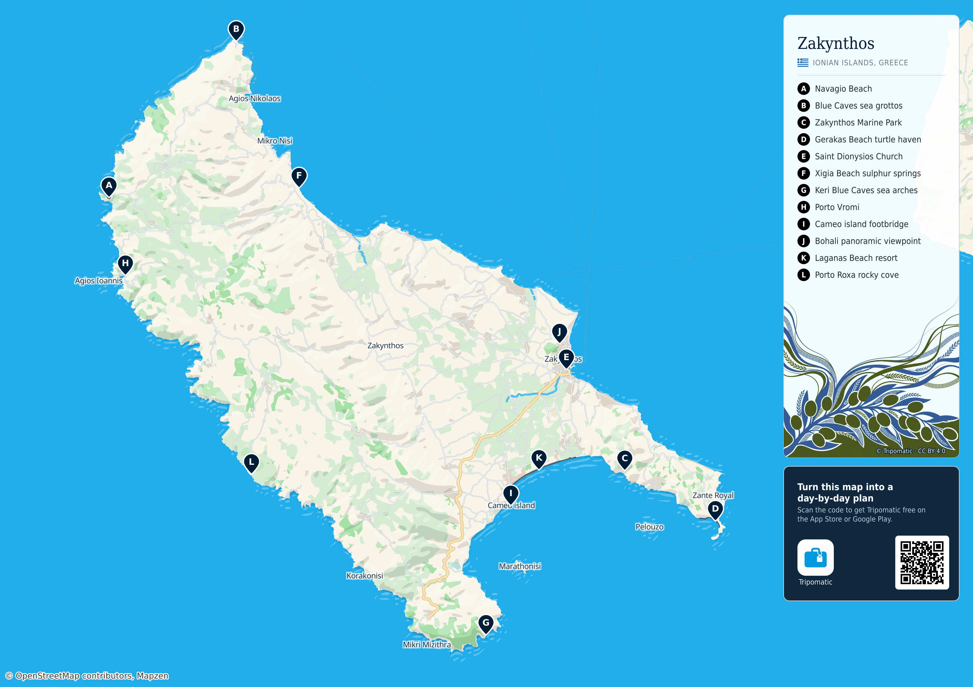 Zakynthos – printable tourist map with numbered top attractions