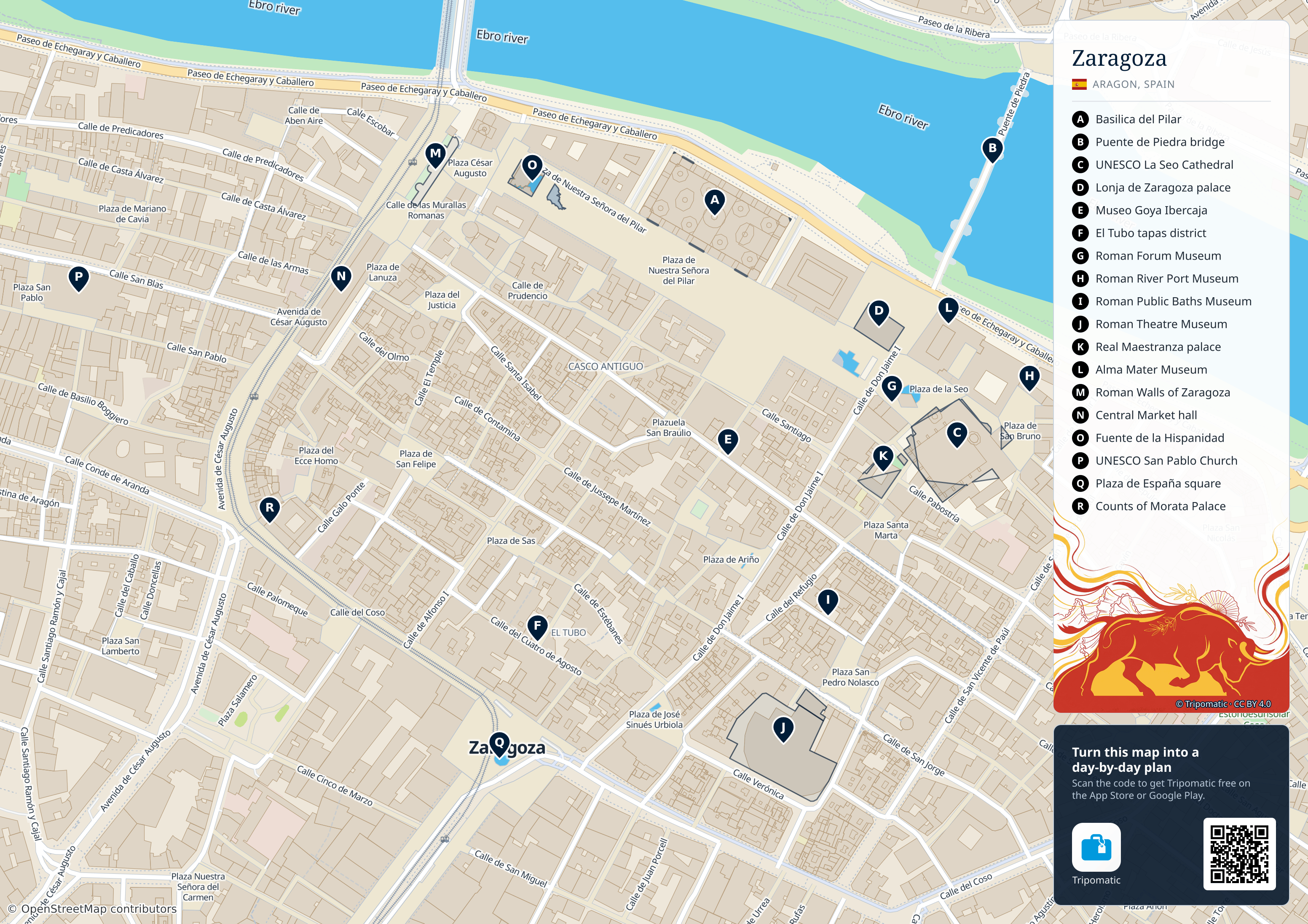 Zaragoza – printable tourist map with numbered top attractions