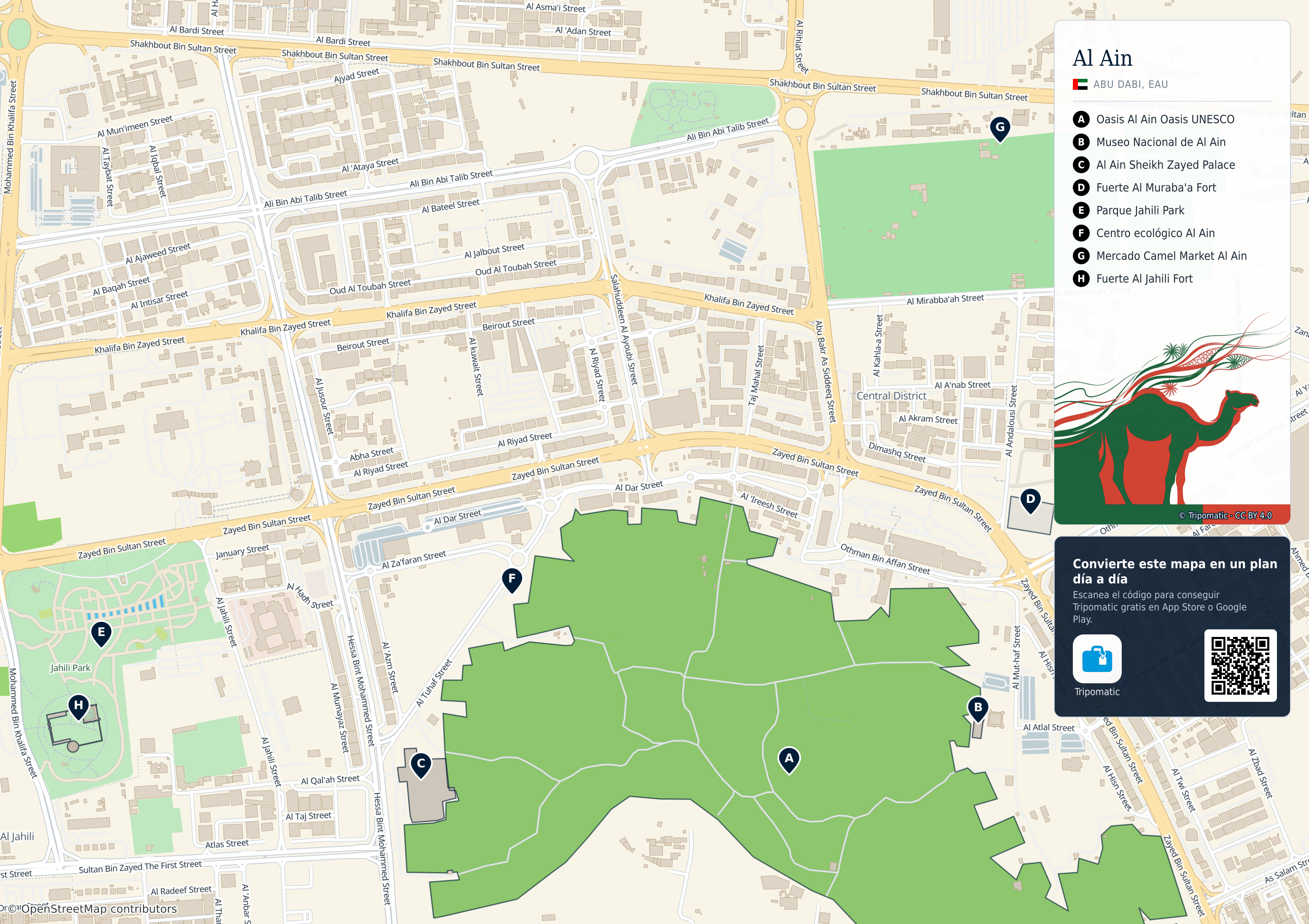Al Ain – mapa turístico para imprimir con las principales atracciones numeradas