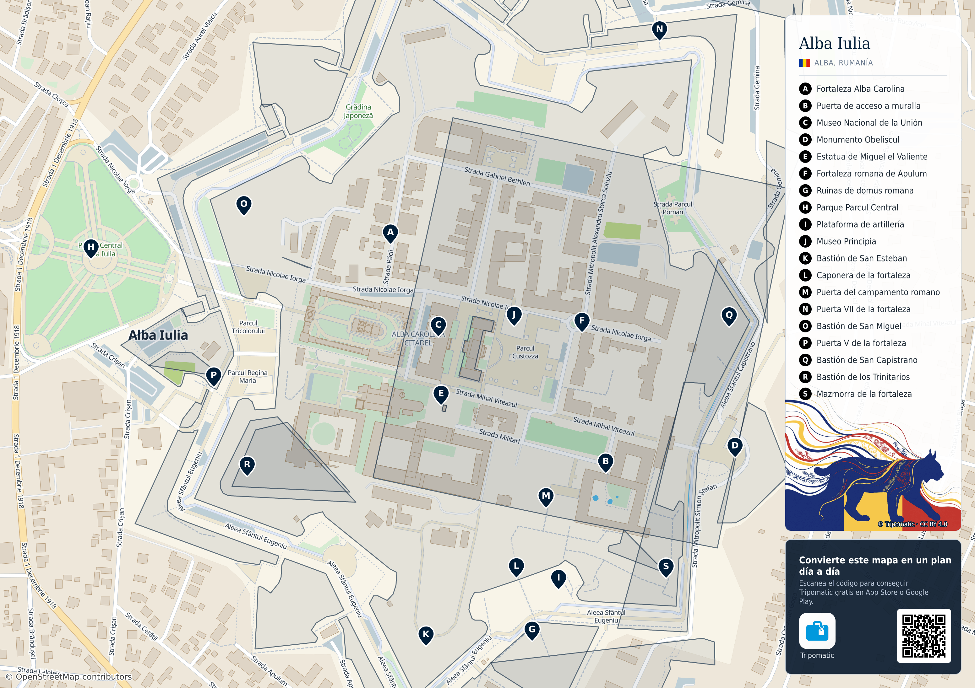 Alba Iulia – mapa turístico para imprimir con las principales atracciones numeradas