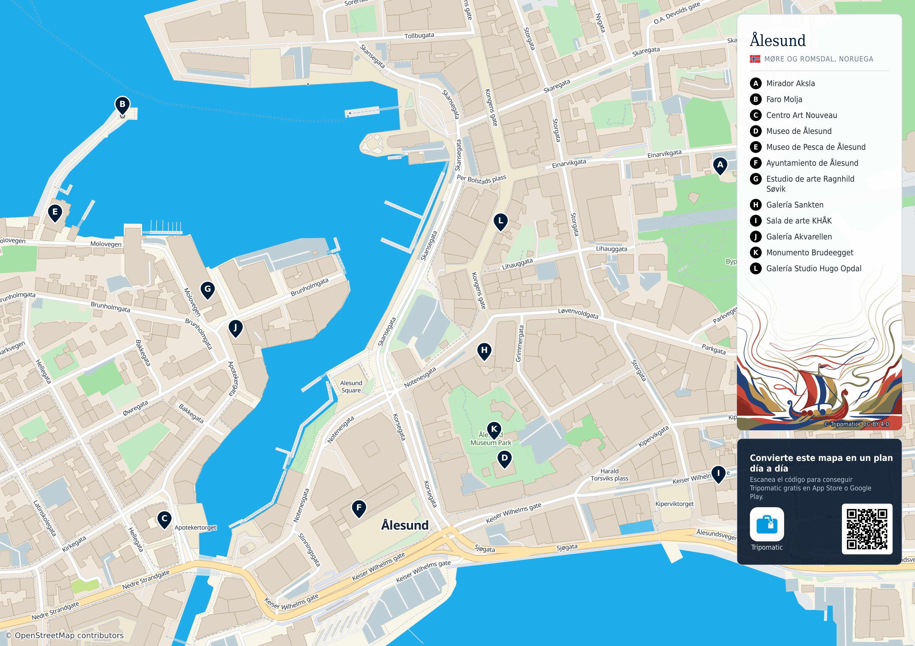 Ålesund – mapa turístico para imprimir con las principales atracciones numeradas