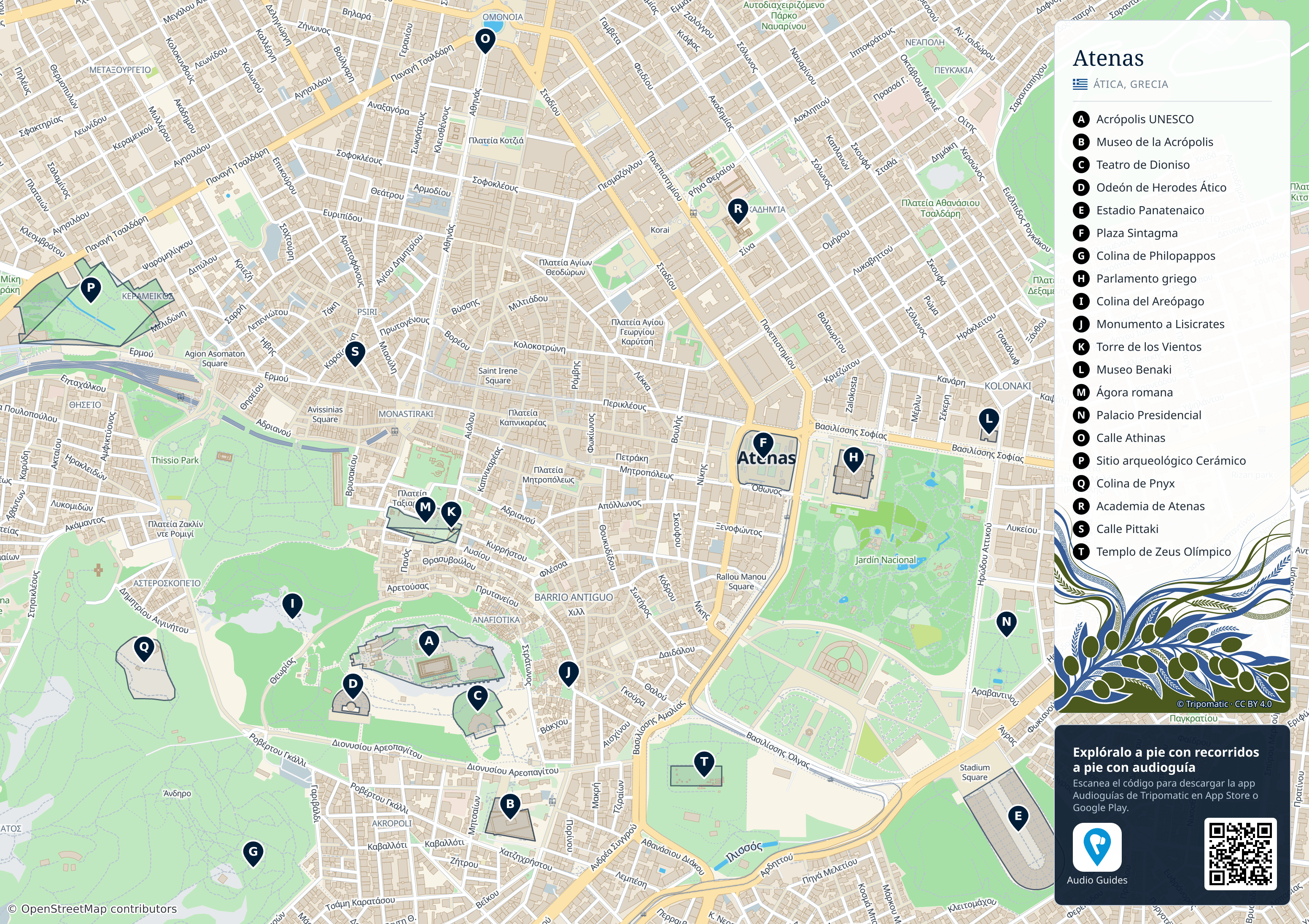 Atenas – mapa turístico para imprimir con las principales atracciones numeradas