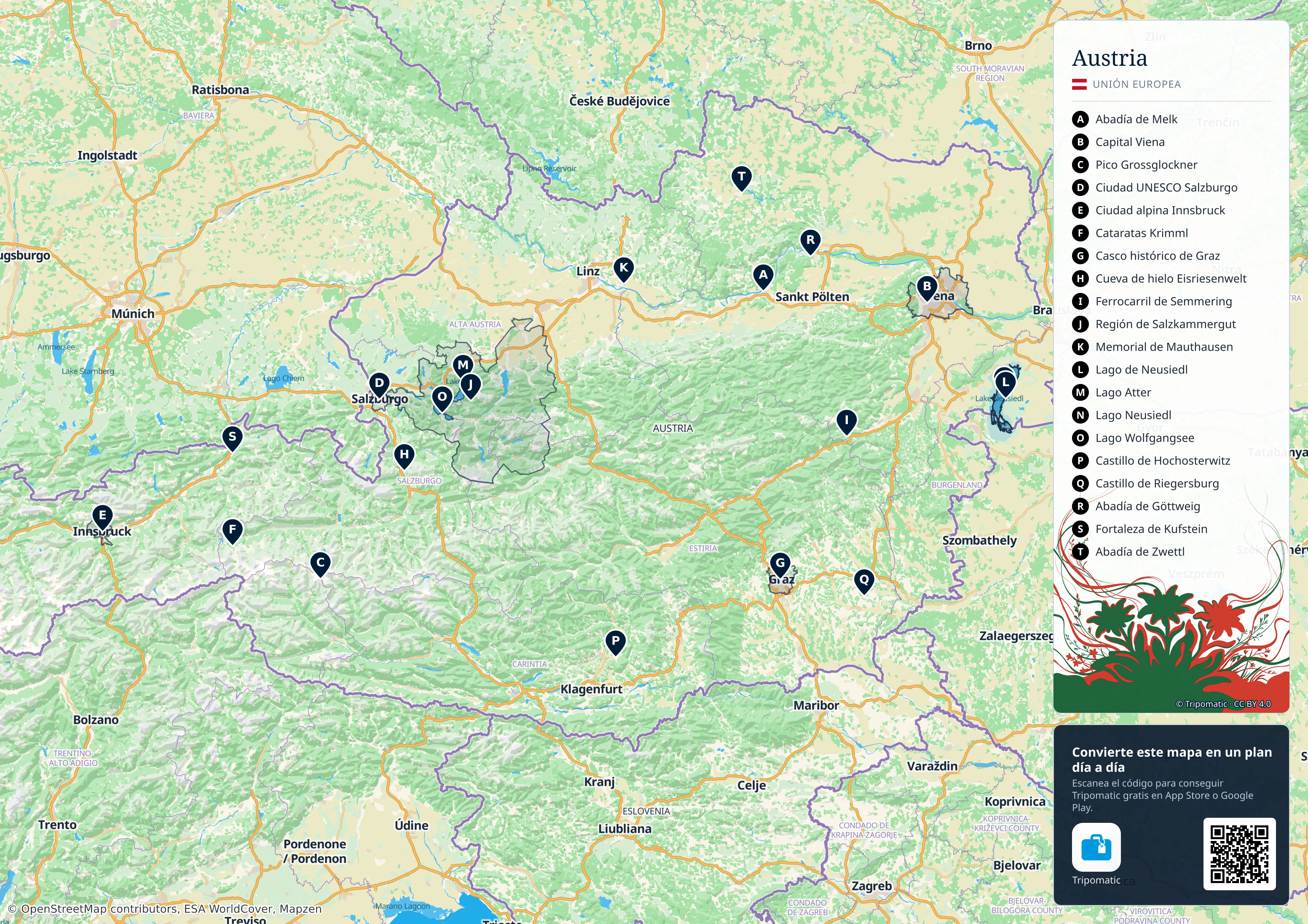 Austria – mapa turístico para imprimir con las principales atracciones numeradas