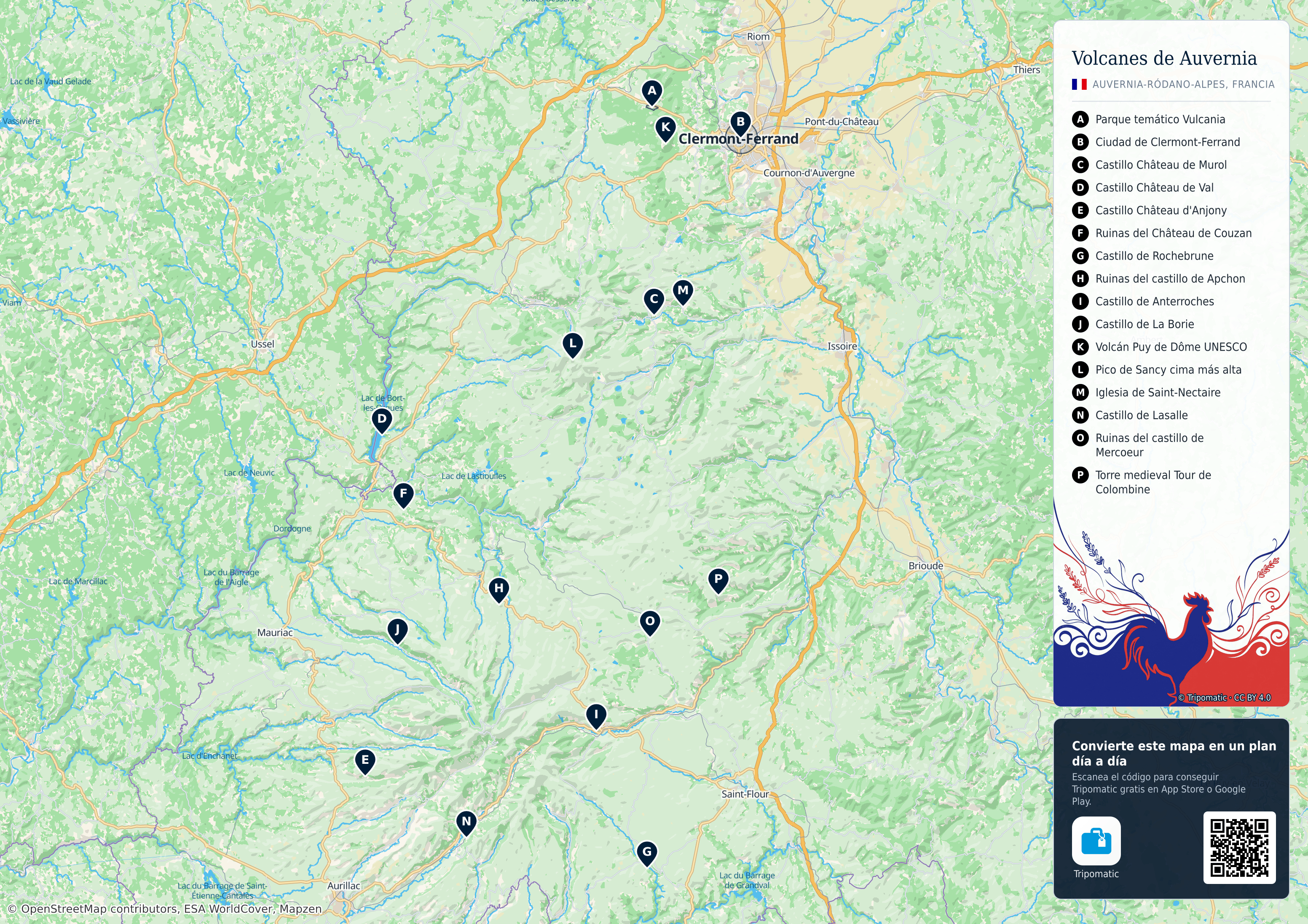 Parque Natural Regional de los Volcanes de Auvernia – mapa turístico para imprimir con las principales atracciones numeradas