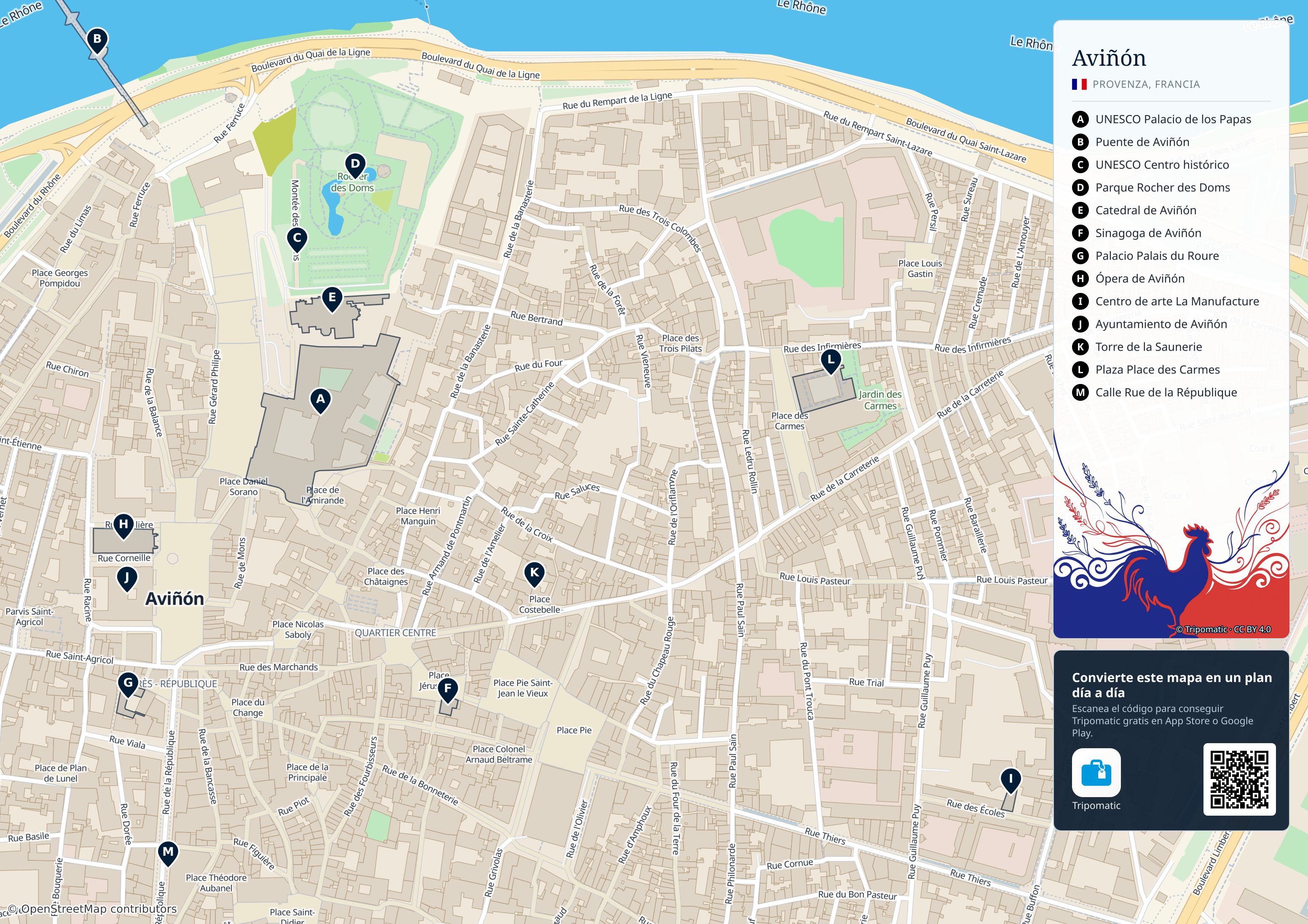 Aviñón – mapa turístico para imprimir con las principales atracciones numeradas