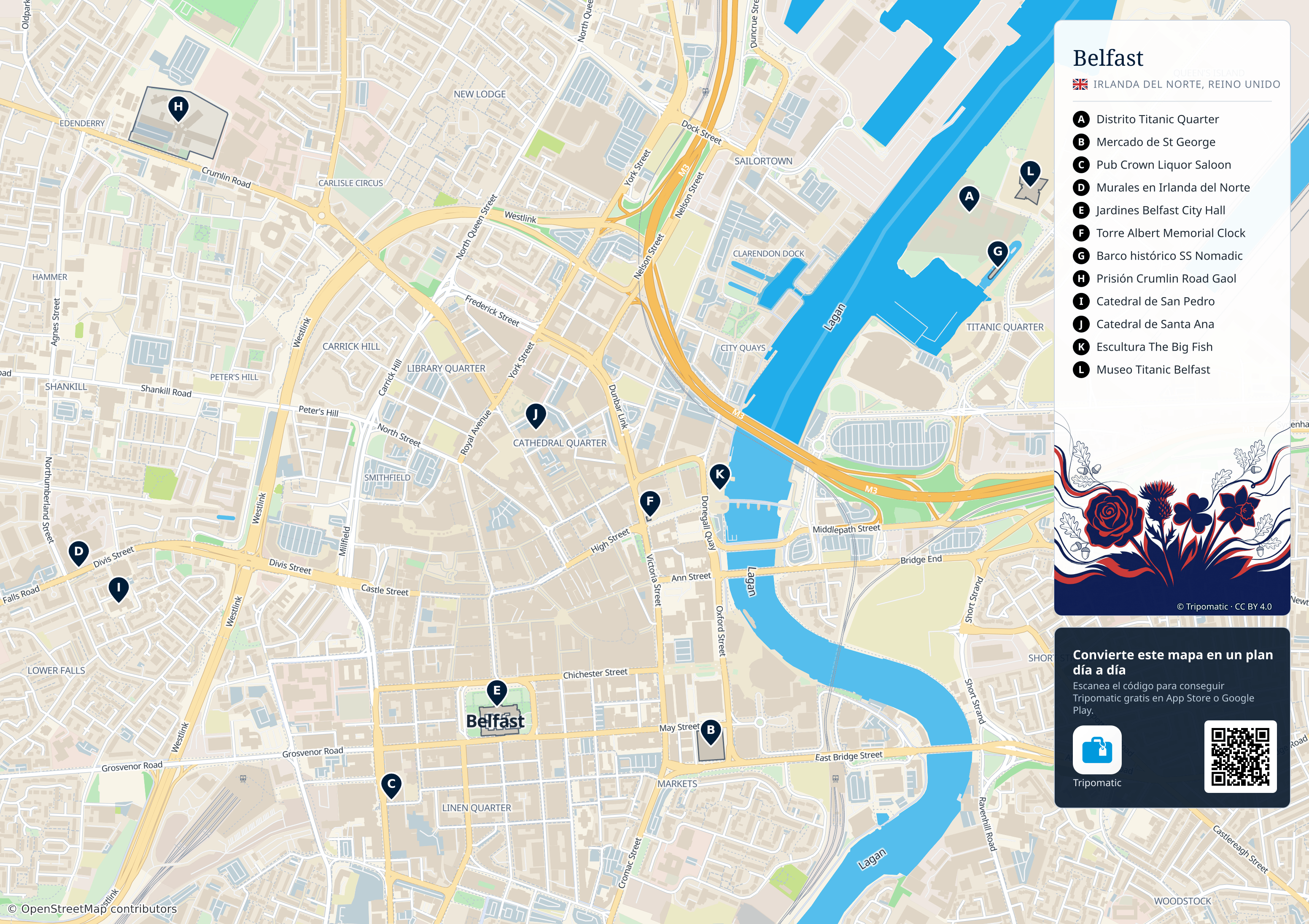 Belfast – mapa turístico para imprimir con las principales atracciones numeradas