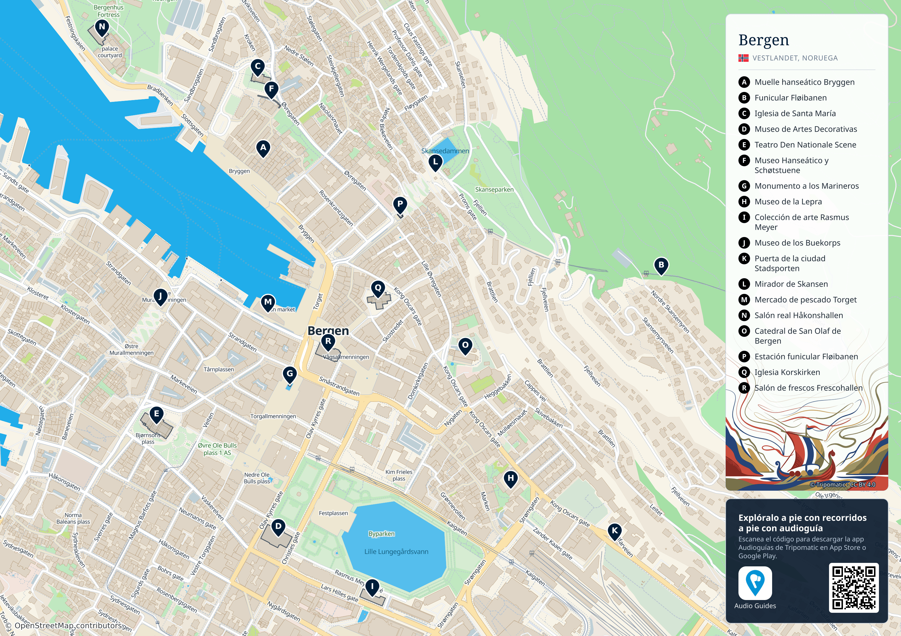 Bergen – mapa turístico para imprimir con las principales atracciones numeradas