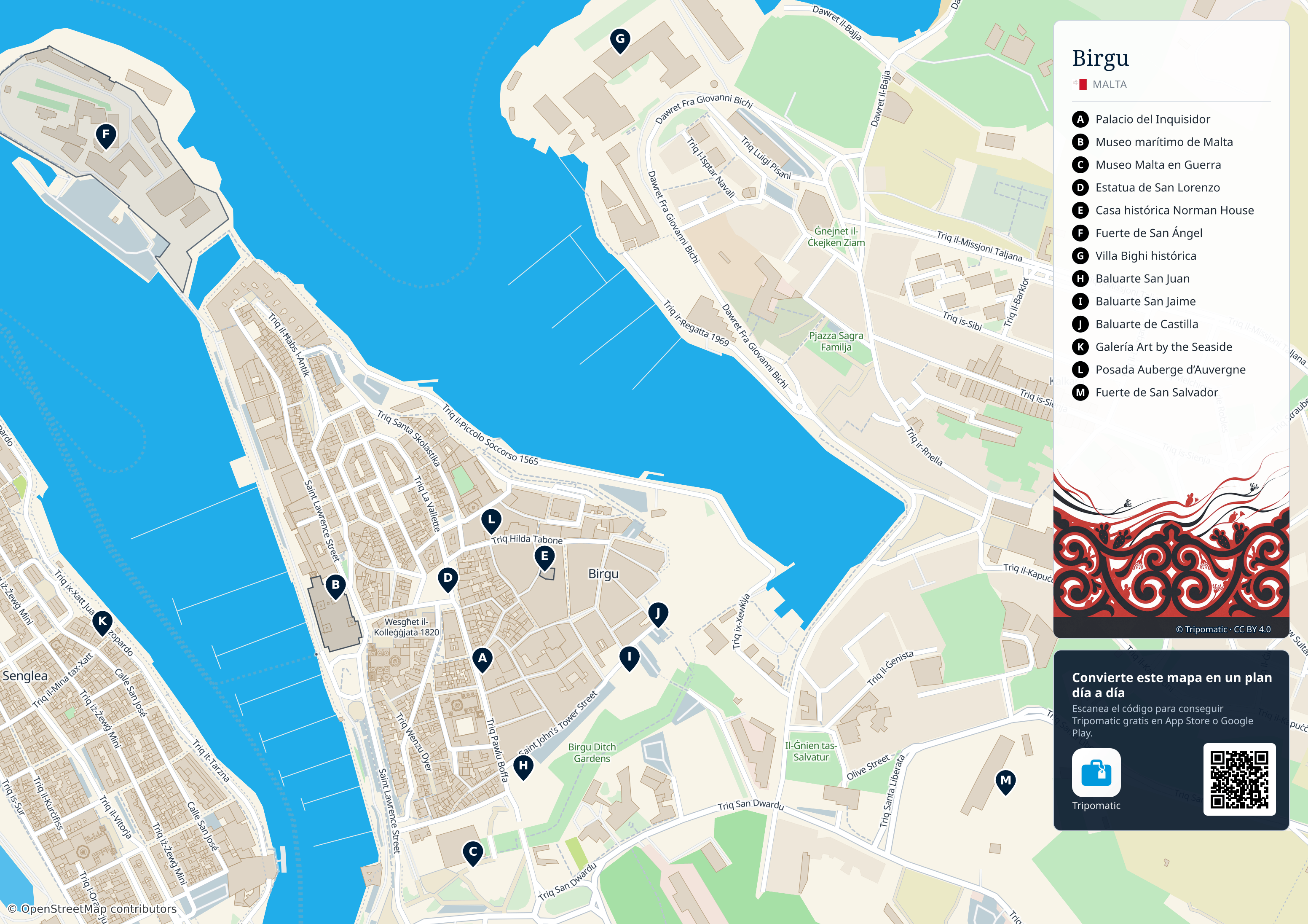 Birgu – mapa turístico para imprimir con las principales atracciones numeradas