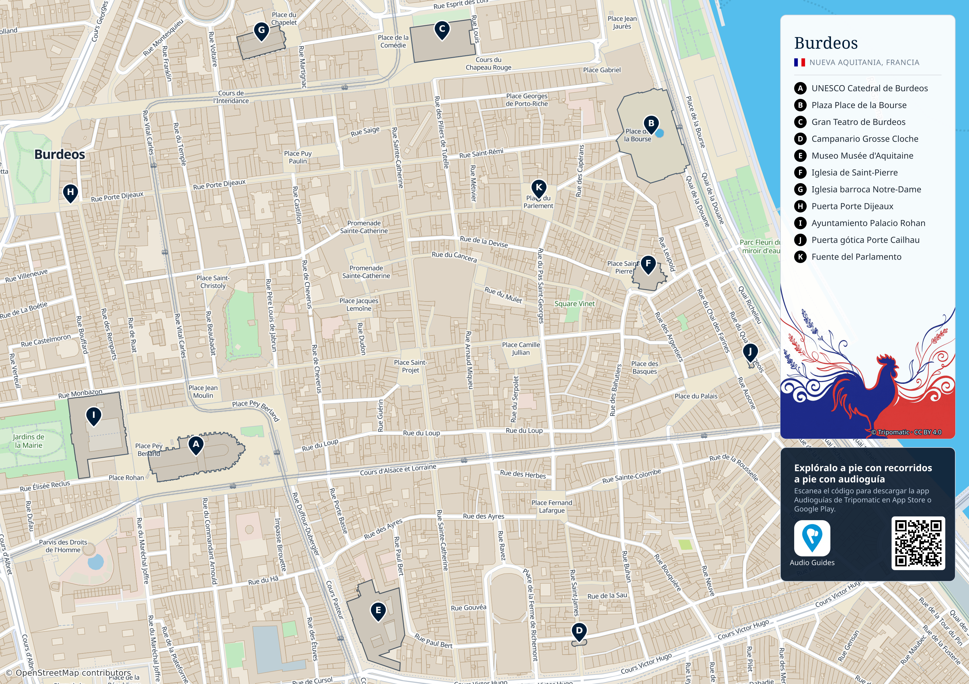 Burdeos – mapa turístico para imprimir con las principales atracciones numeradas
