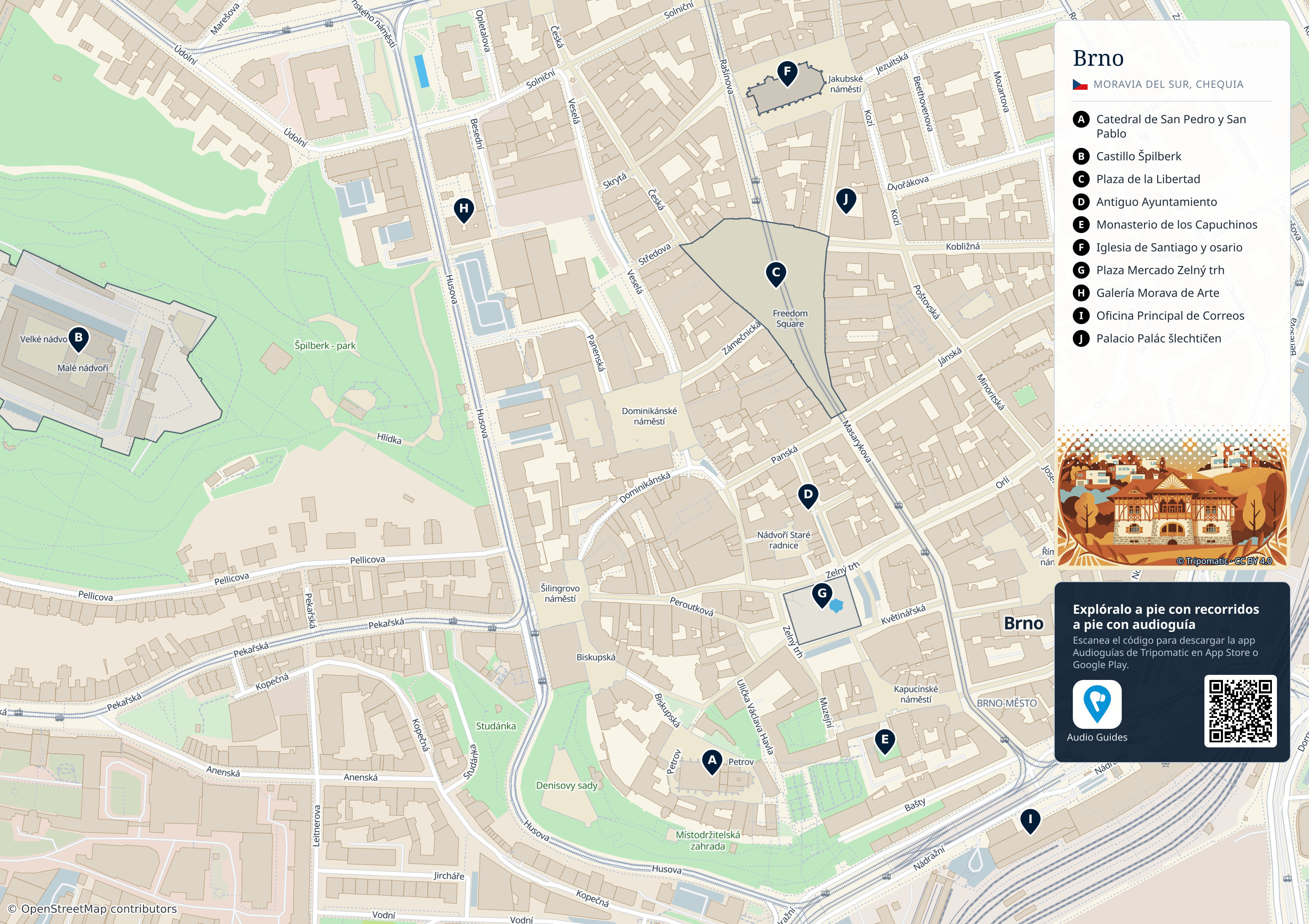 Brno – mapa turístico para imprimir con las principales atracciones numeradas