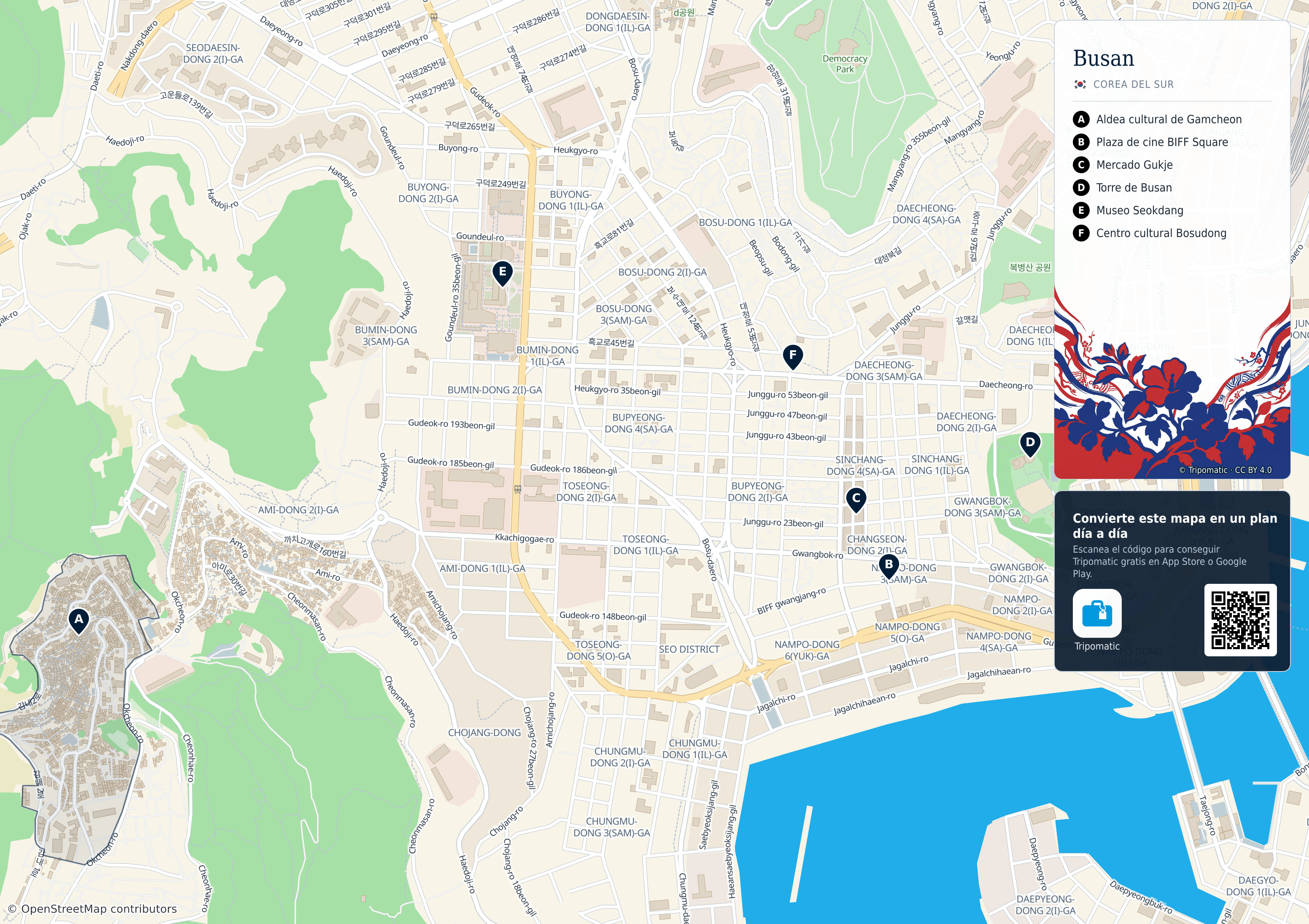 Busan – mapa turístico para imprimir con las principales atracciones numeradas