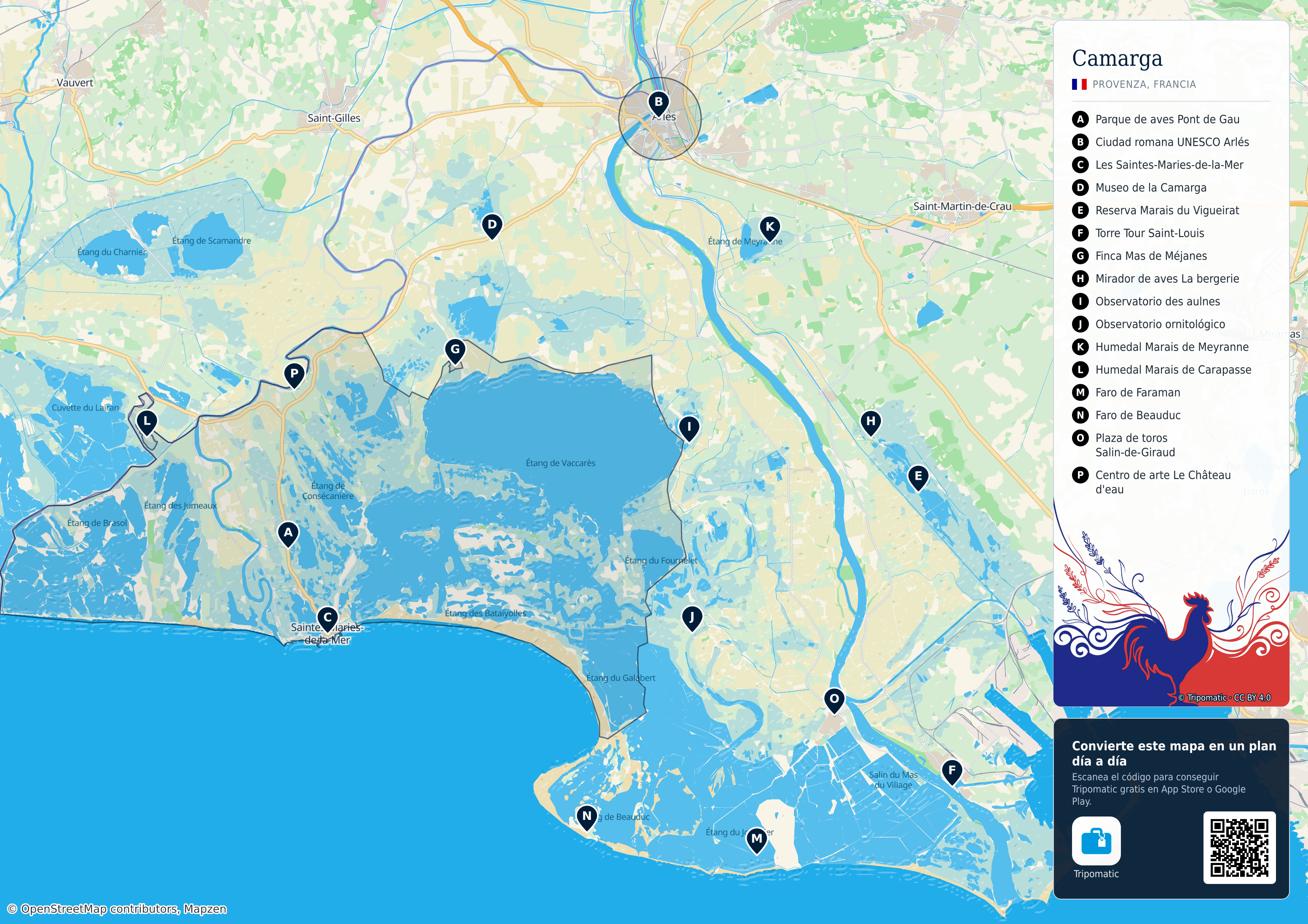 Camarga – mapa turístico para imprimir con las principales atracciones numeradas