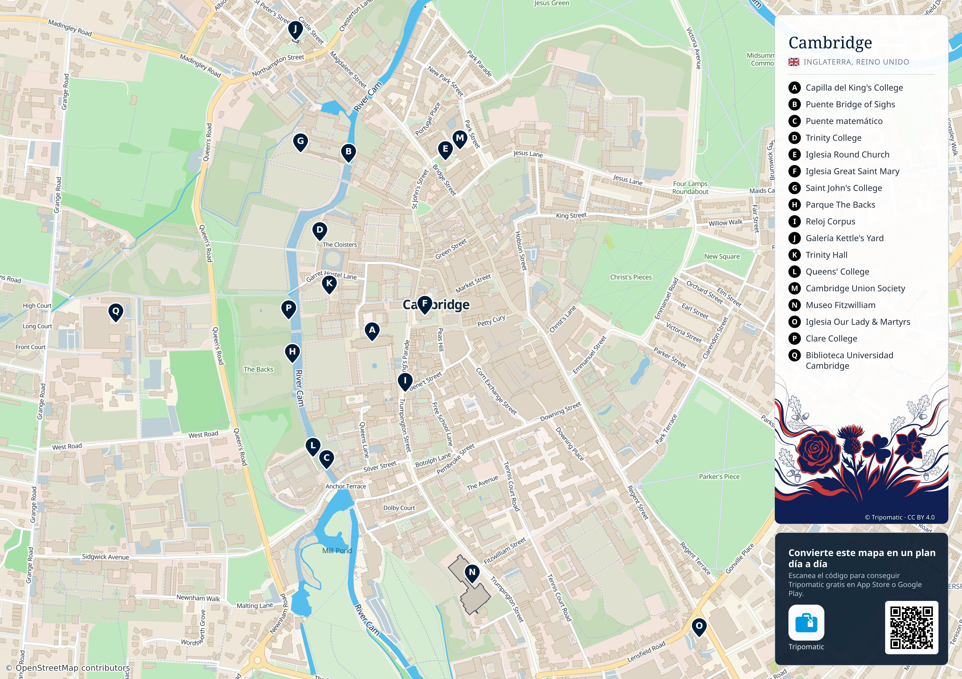 Cambridge – mapa turístico para imprimir con las principales atracciones numeradas