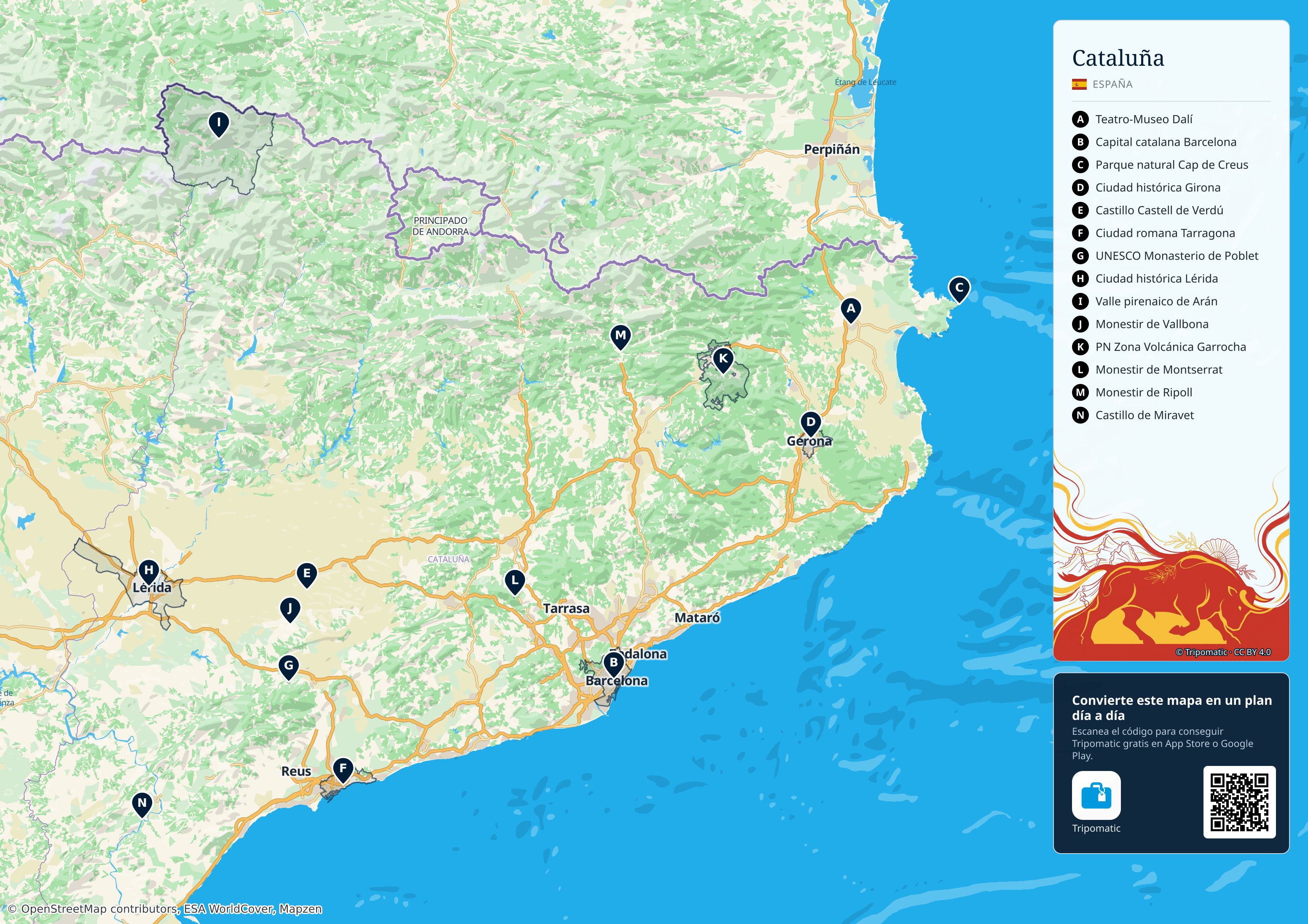 Cataluña – mapa turístico para imprimir con las principales atracciones numeradas