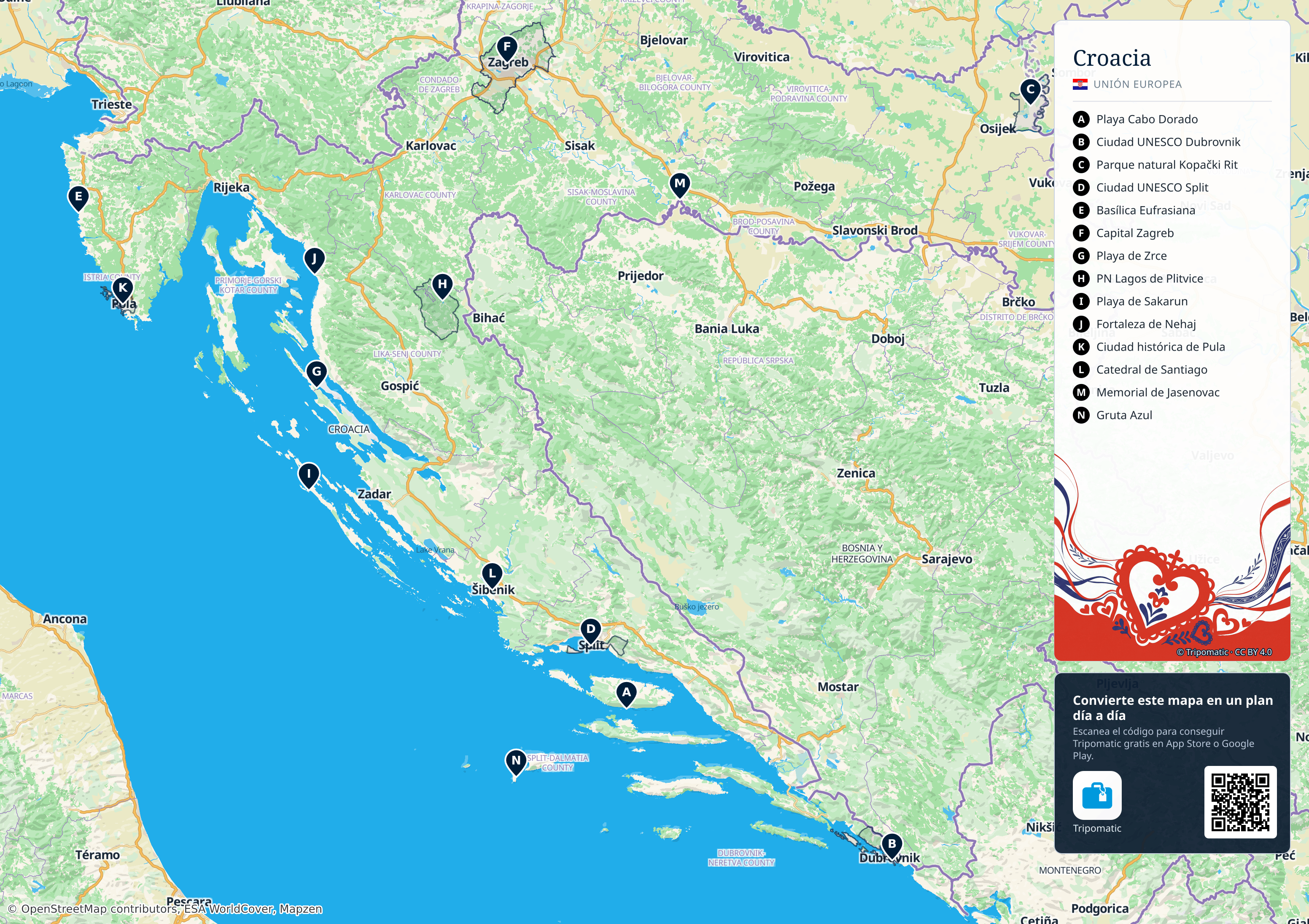 Croacia – mapa turístico para imprimir con las principales atracciones numeradas
