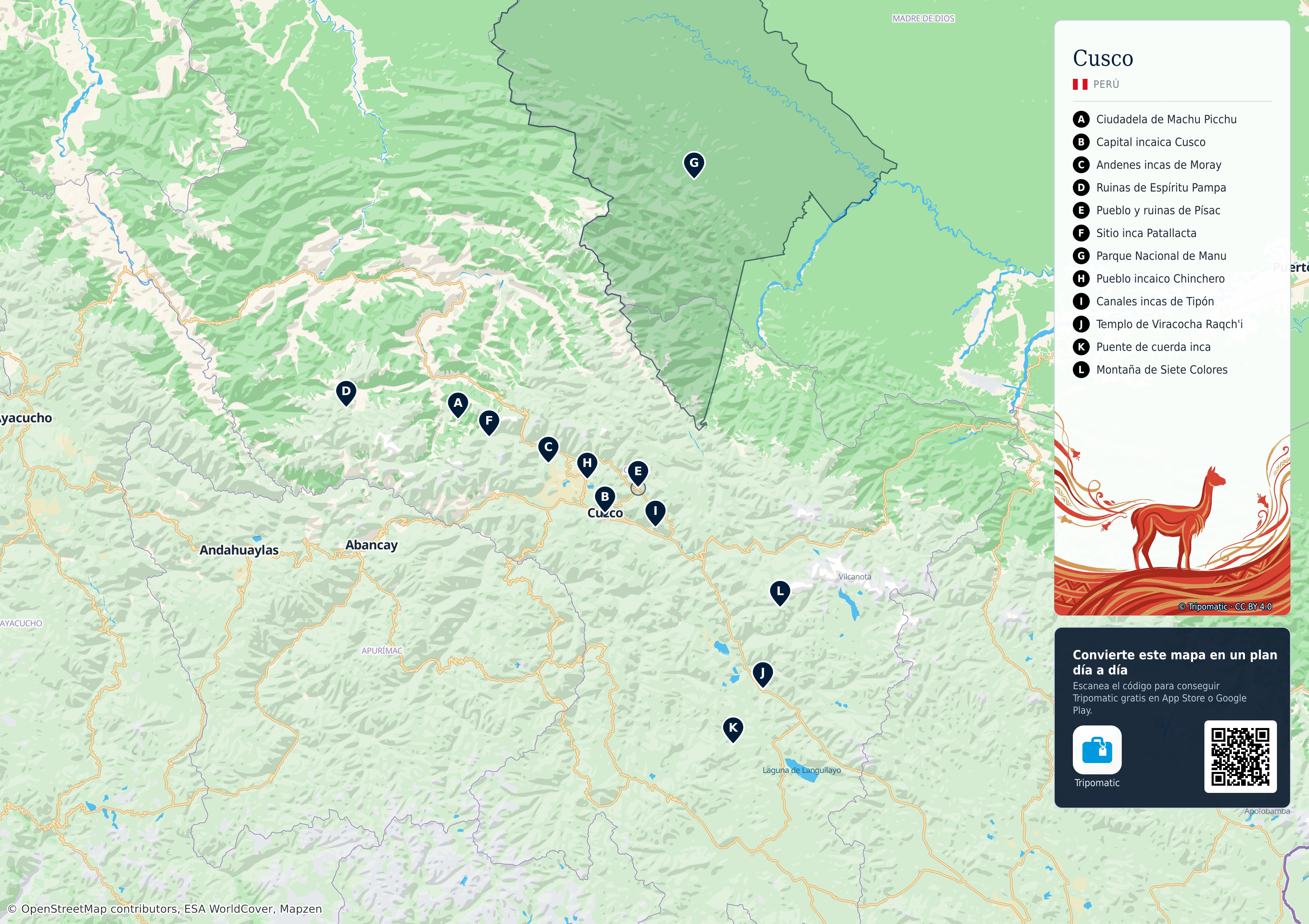 Departamento de Cusco – mapa turístico para imprimir con las principales atracciones numeradas
