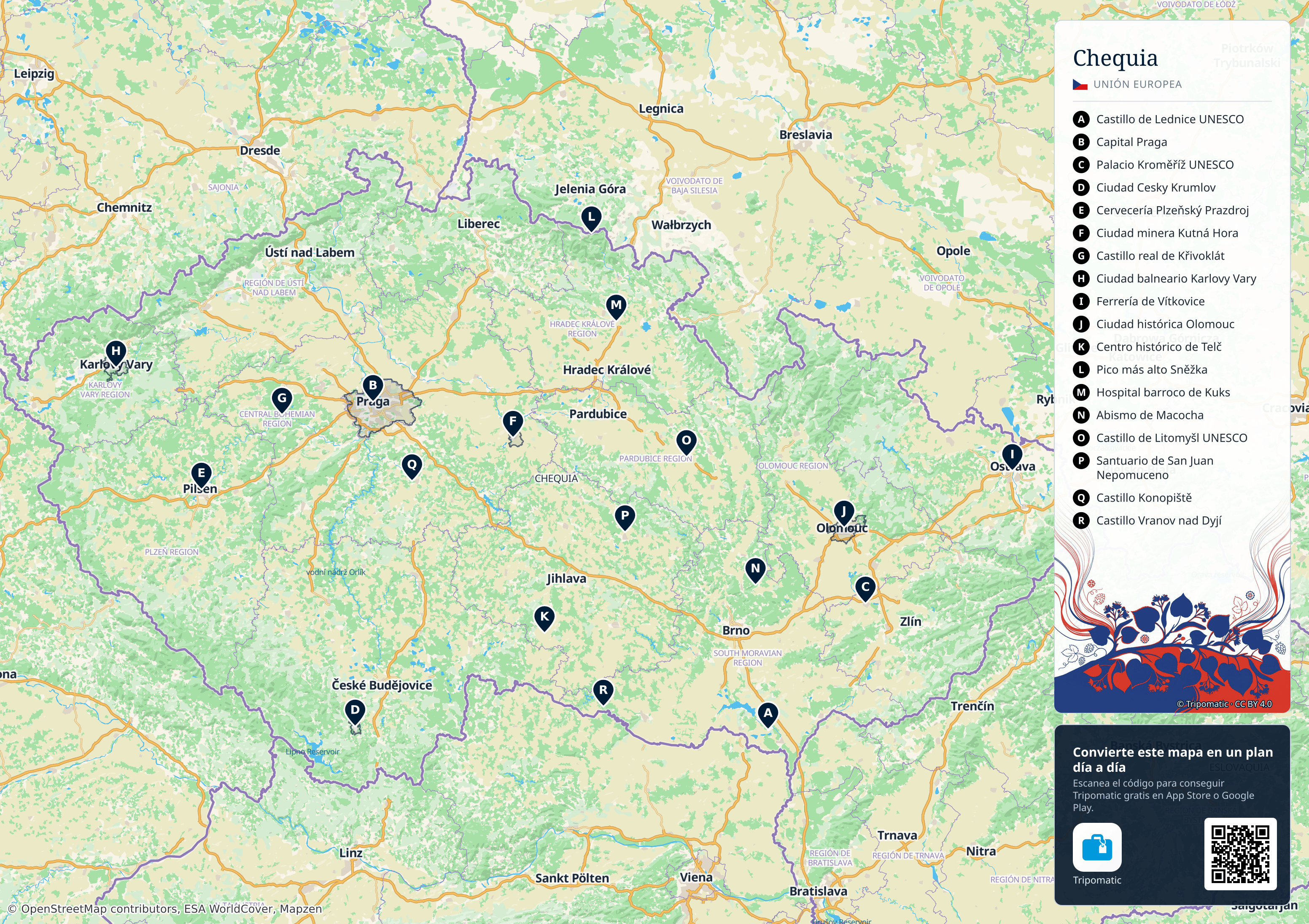 República Checa – mapa turístico para imprimir con las principales atracciones numeradas