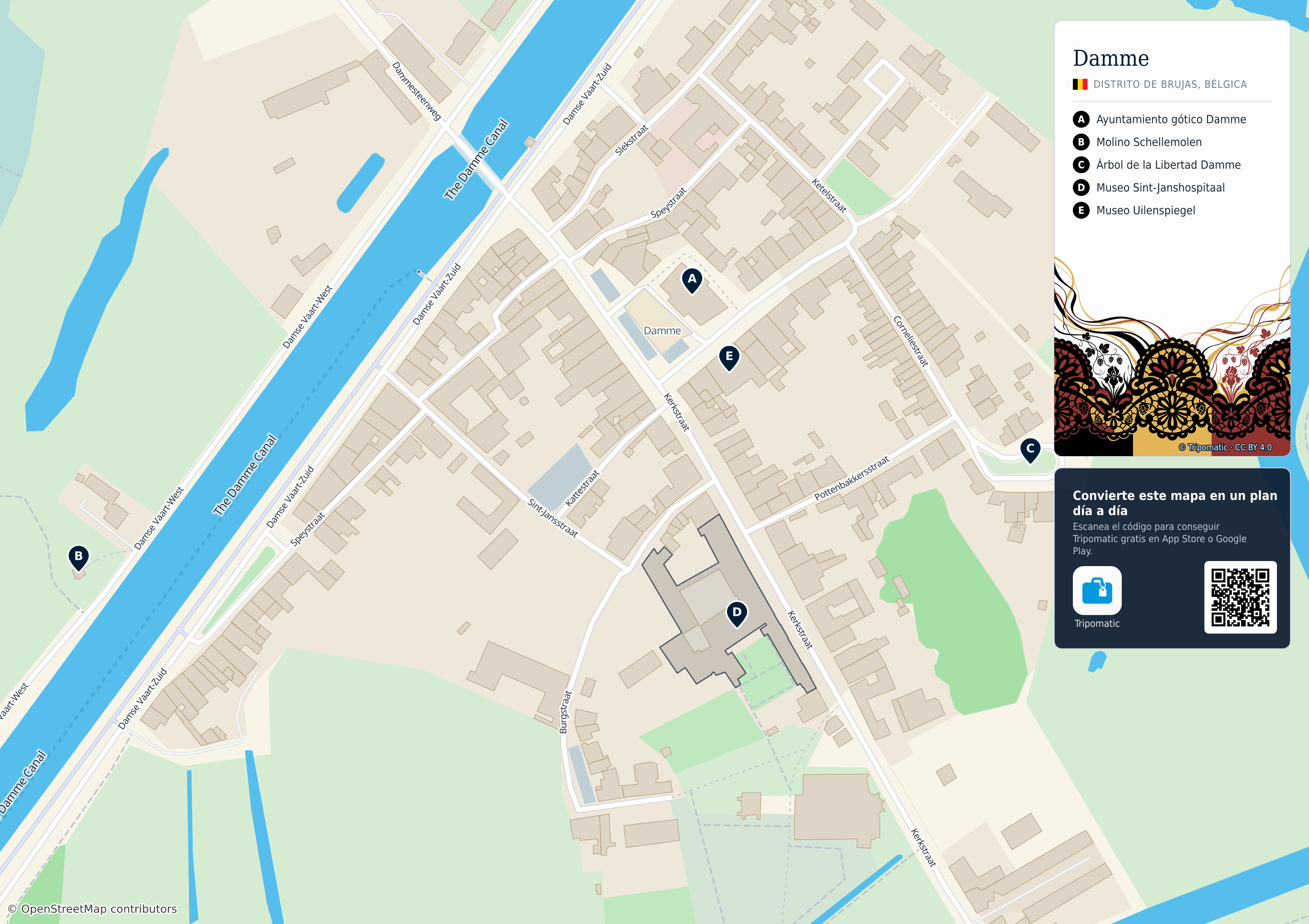 Damme – mapa turístico para imprimir con las principales atracciones numeradas