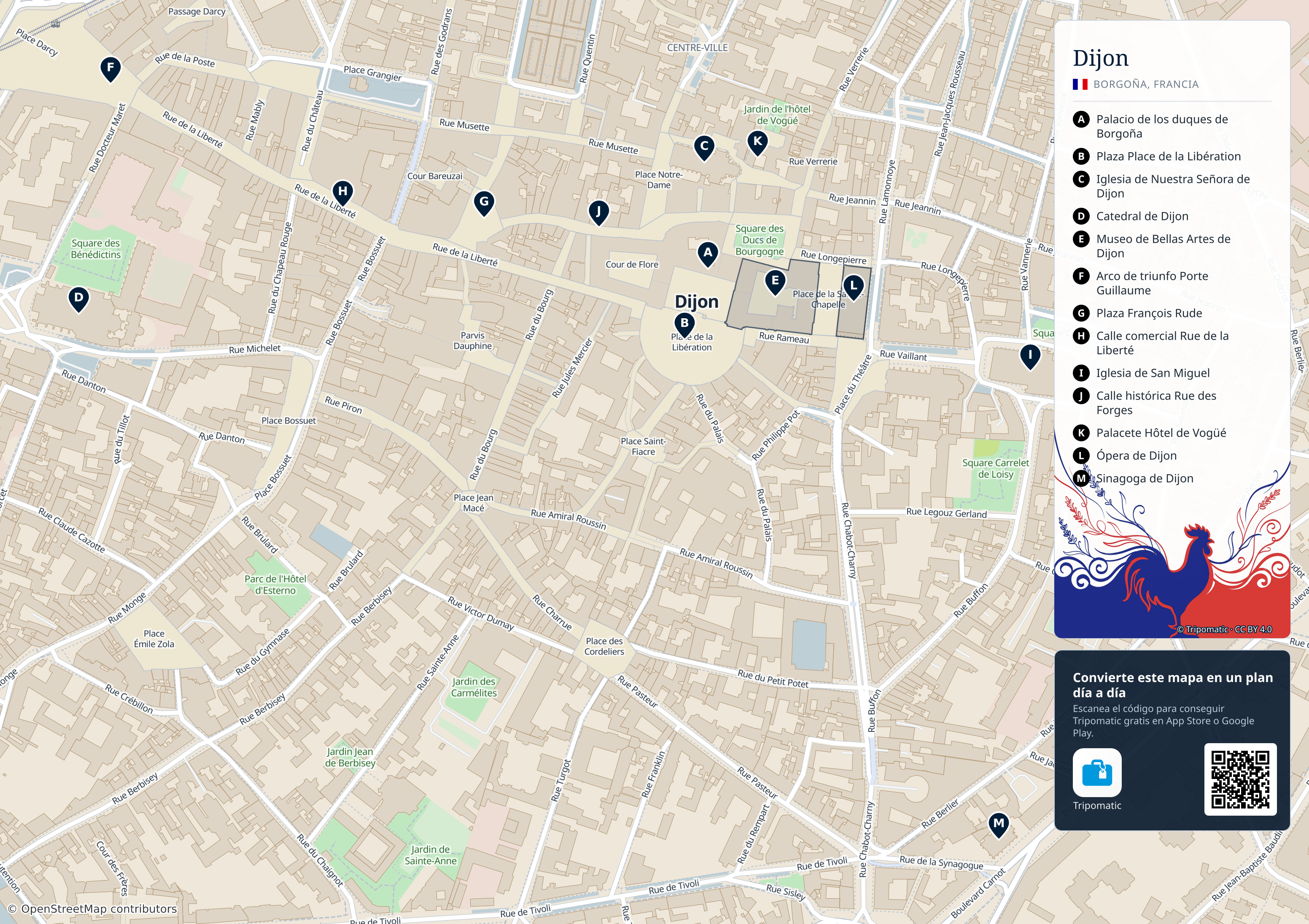 Dijon – mapa turístico para imprimir con las principales atracciones numeradas