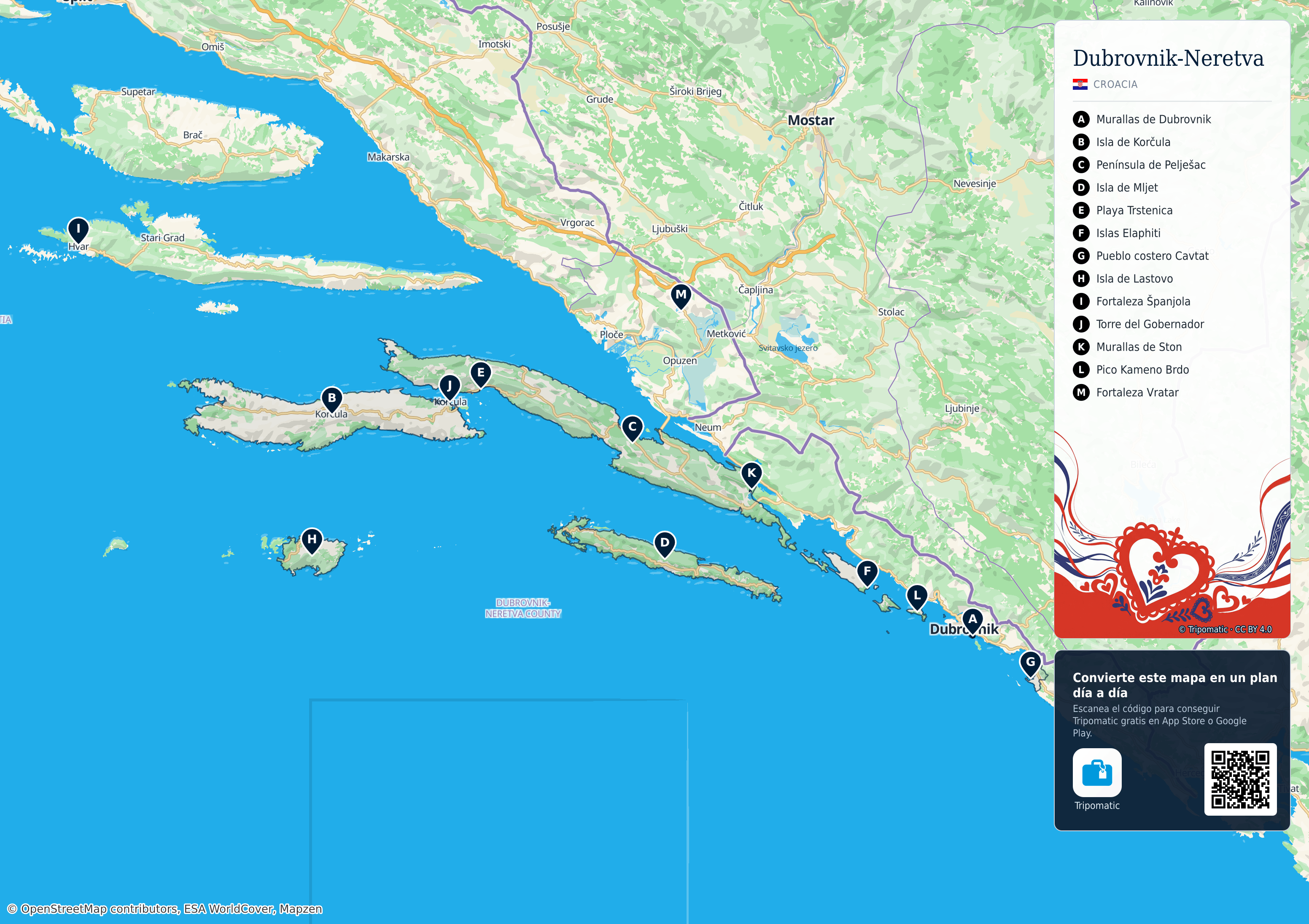 Dubrovnik-Neretva – mapa turístico para imprimir con las principales atracciones numeradas