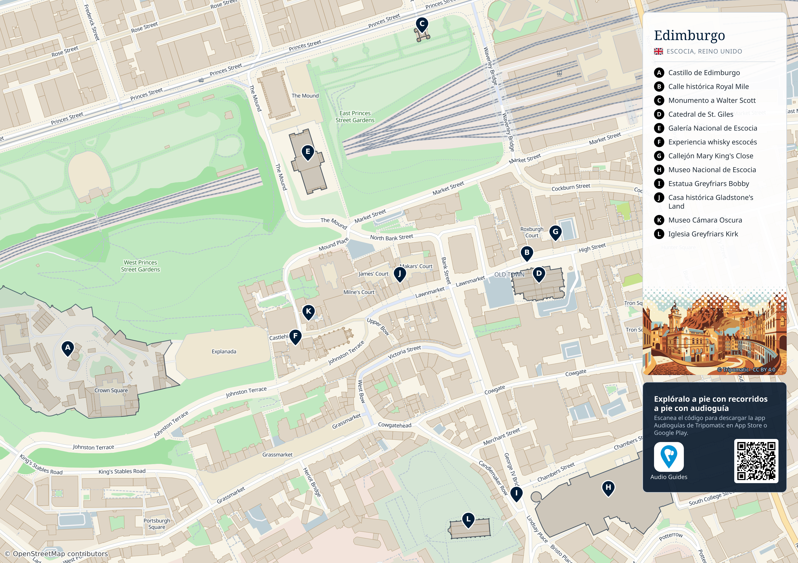 Edimburgo – mapa turístico para imprimir con las principales atracciones numeradas